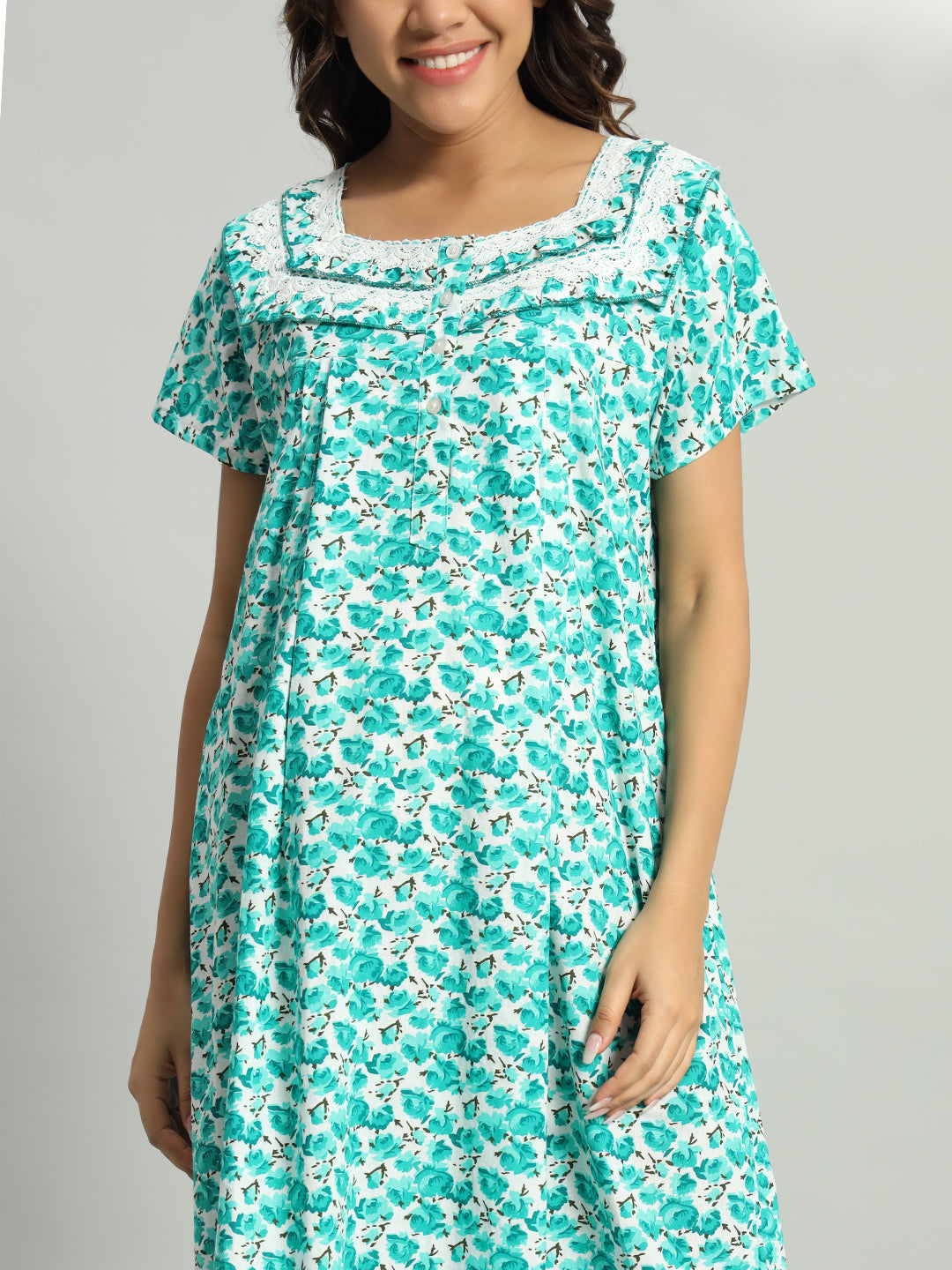 Green Floral Cotton Maternity Maxi Night Gown for Women – Printed Short Sleeve Comfortable Nightwear
