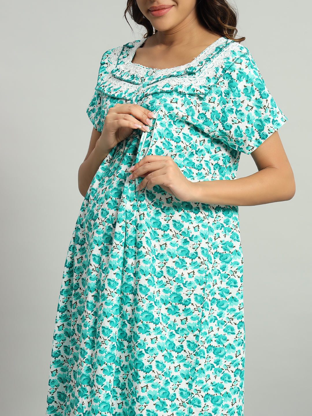 Green Floral Cotton Maternity Maxi Night Gown for Women – Printed Short Sleeve Comfortable Nightwear
