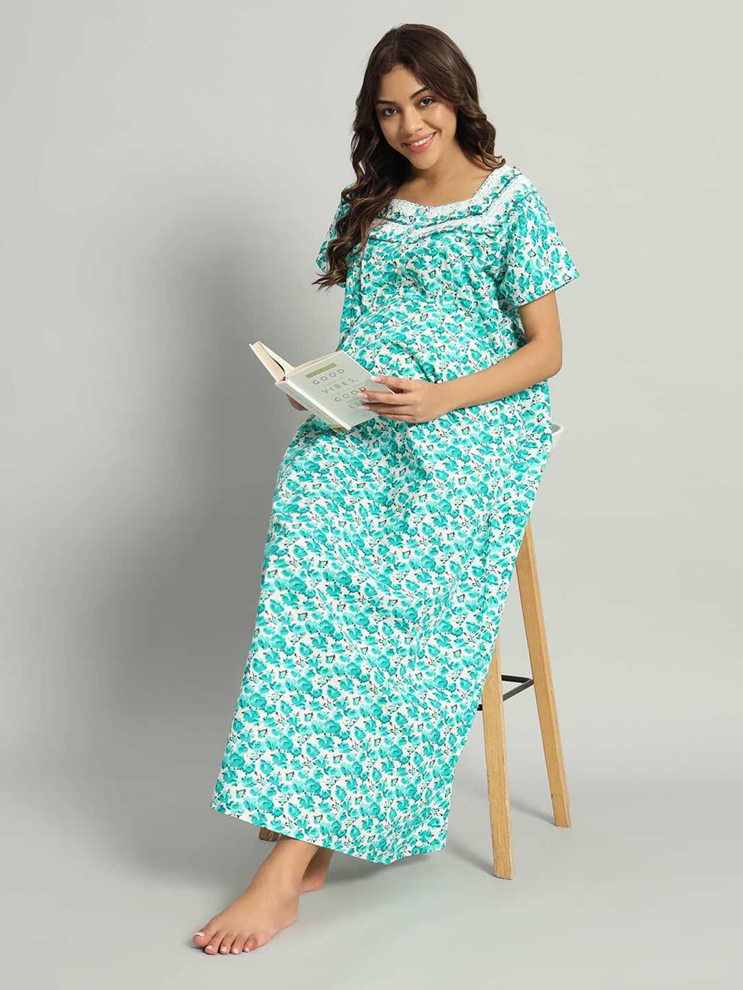 Green Floral Cotton Maternity Maxi Night Gown for Women – Printed Short Sleeve Comfortable Nightwear