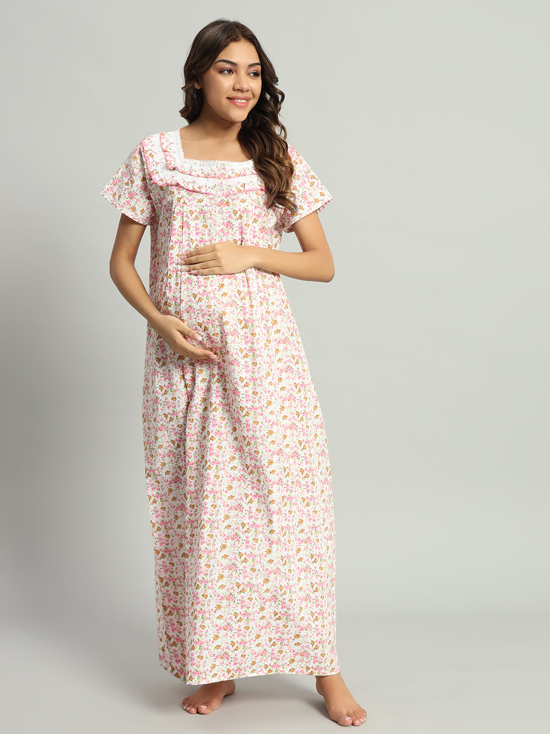 Women’s Floral Cotton Maxi Nighty – Square Neck Comfortable Nightwear