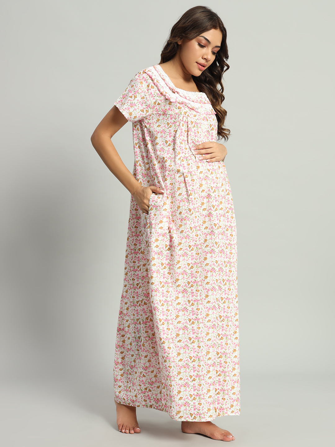 Women’s Floral Cotton Maxi Nighty – Square Neck Comfortable Nightwear