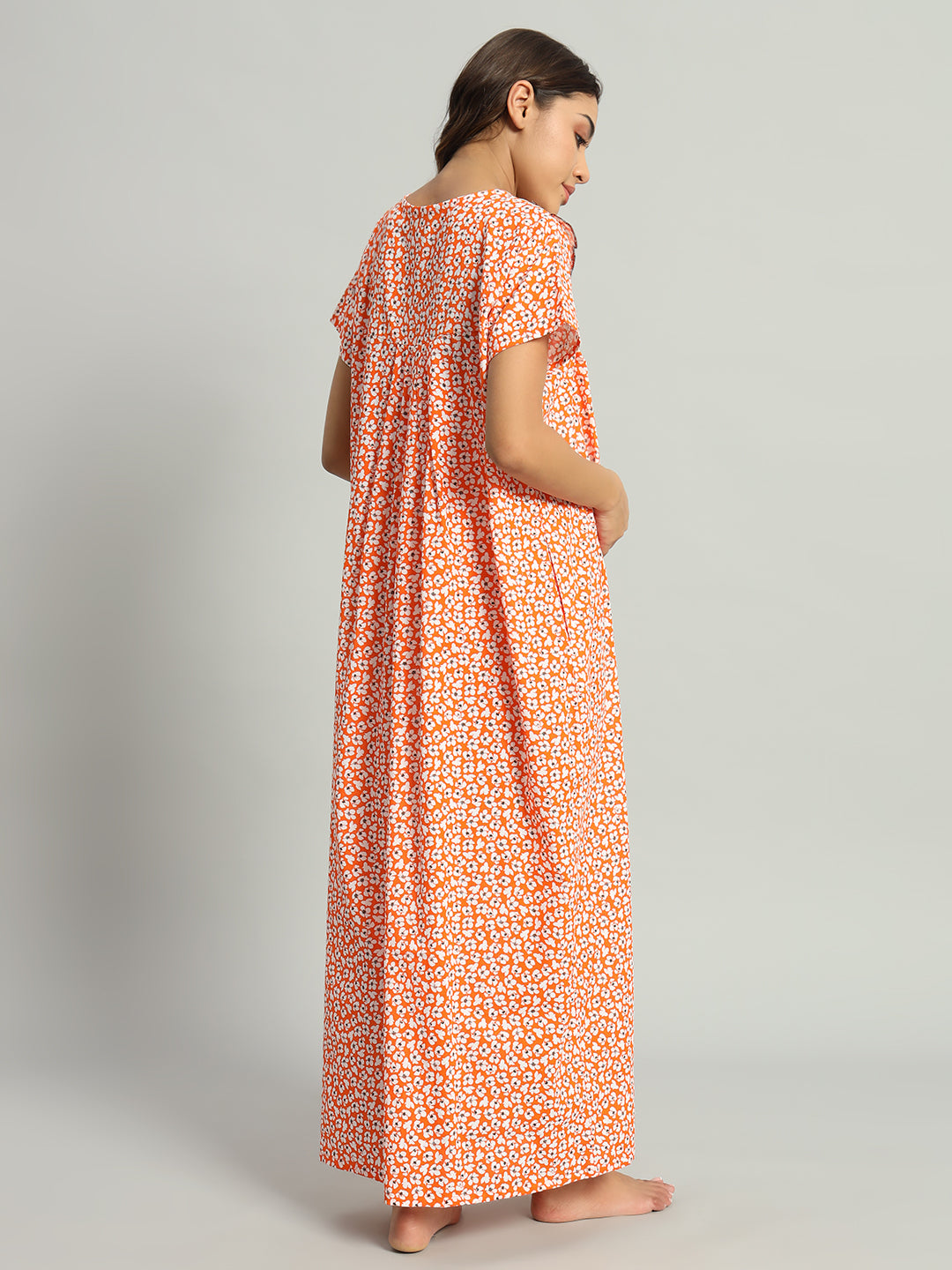 Orange Floral Cotton Maternity Maxi Night Gown for Women – Printed Short Sleeve Comfortable Nightwear