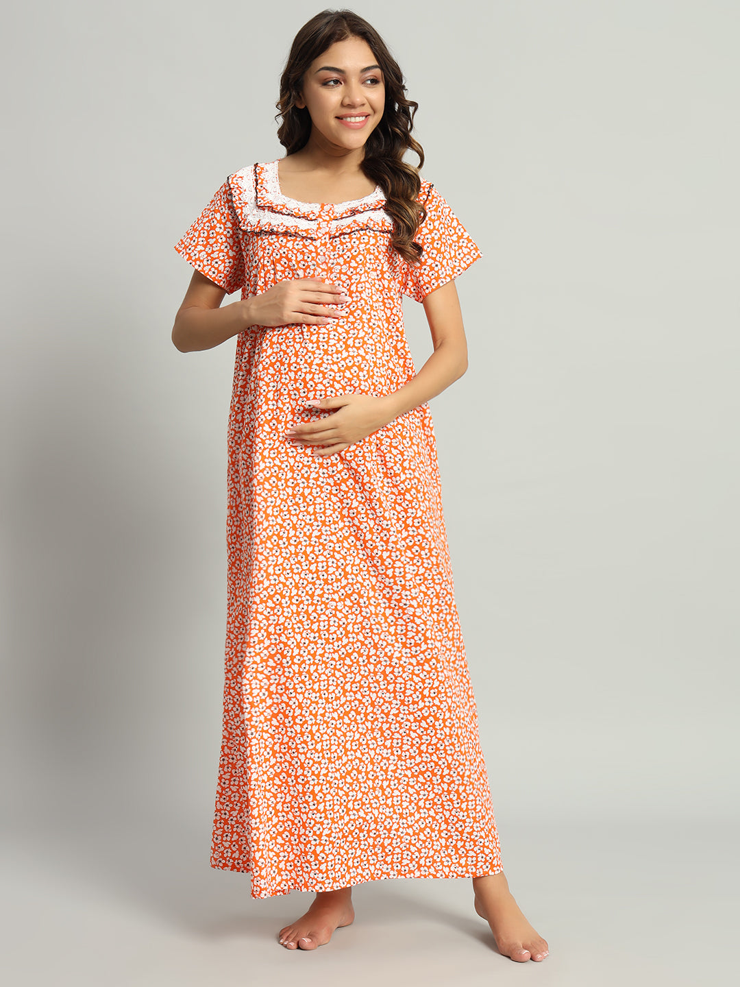 🧡 Orange Floral Cotton Maternity Maxi Night Gown for Women – Printed Short Sleeve Comfortable Nightwear