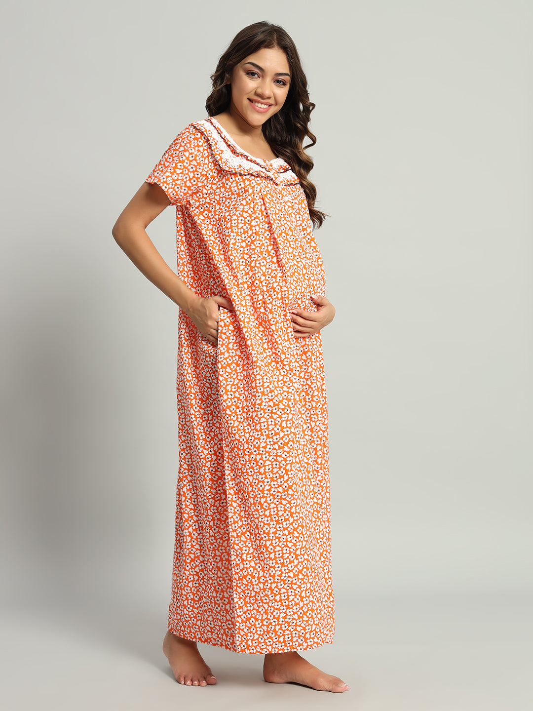 Orange Floral Cotton Maternity Maxi Night Gown for Women – Printed Short Sleeve Comfortable Nightwear