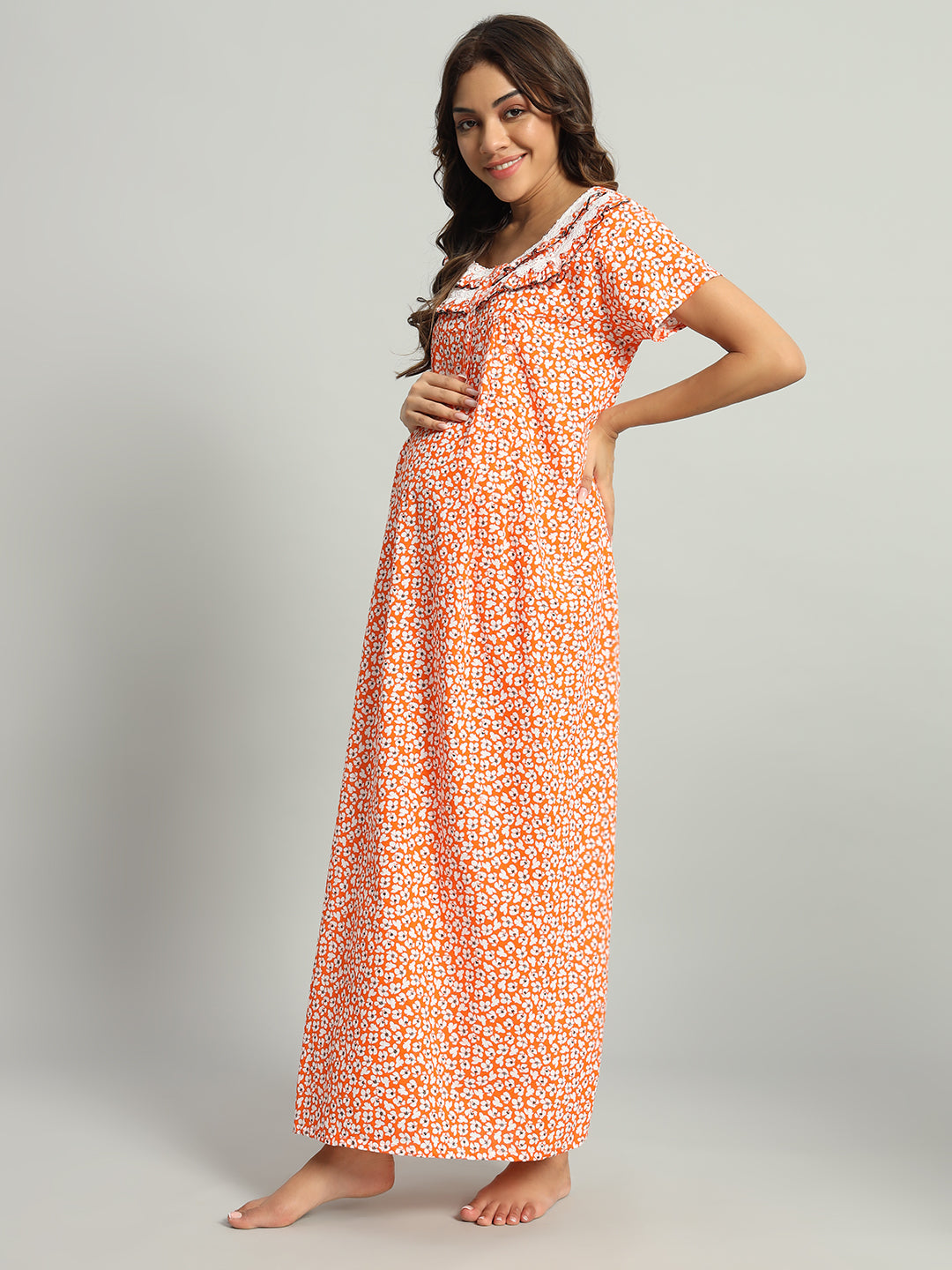 Orange Floral Cotton Maternity Maxi Night Gown for Women – Printed Short Sleeve Comfortable Nightwear