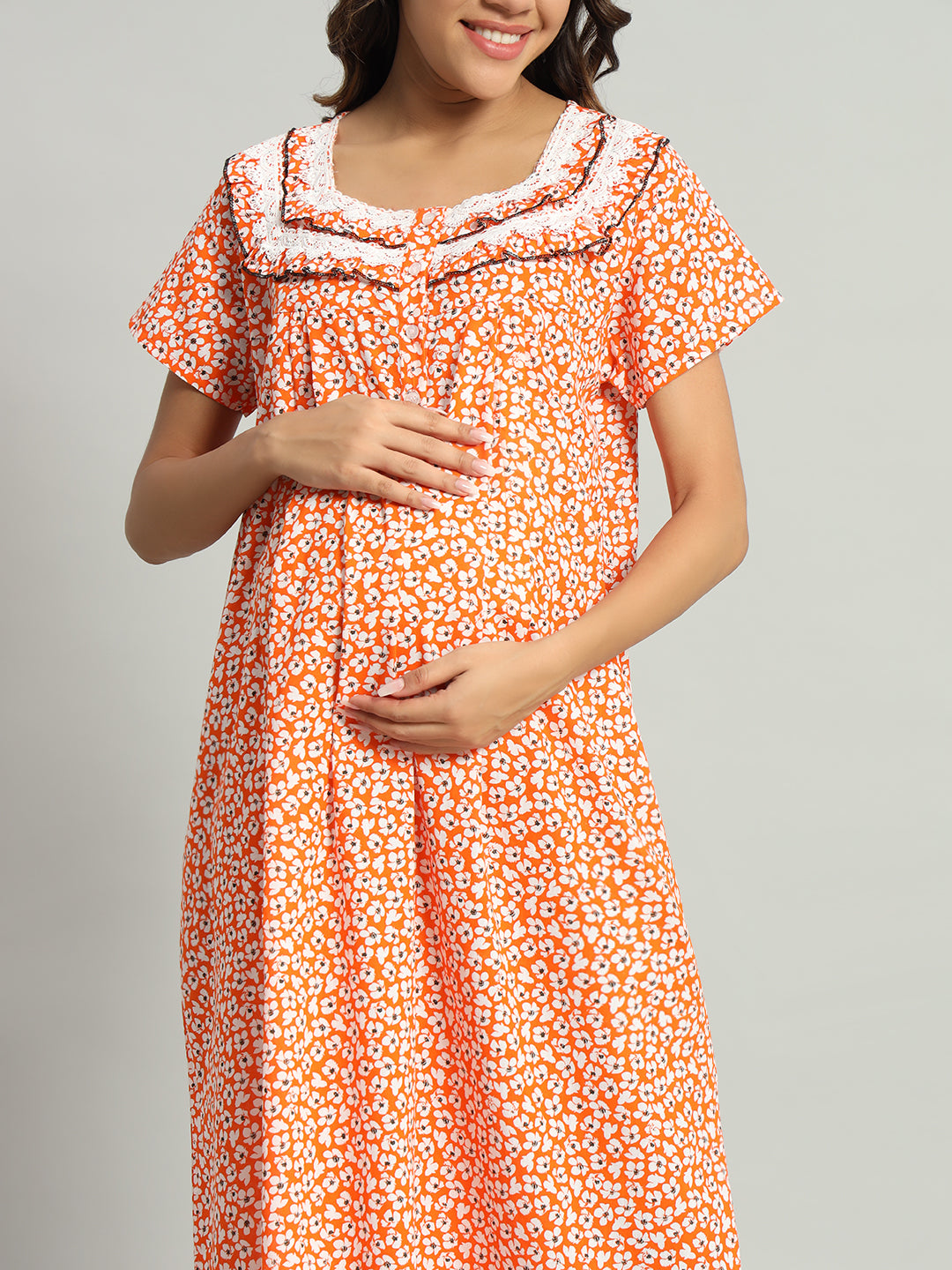 Orange Floral Cotton Maternity Maxi Night Gown for Women – Printed Short Sleeve Comfortable Nightwear