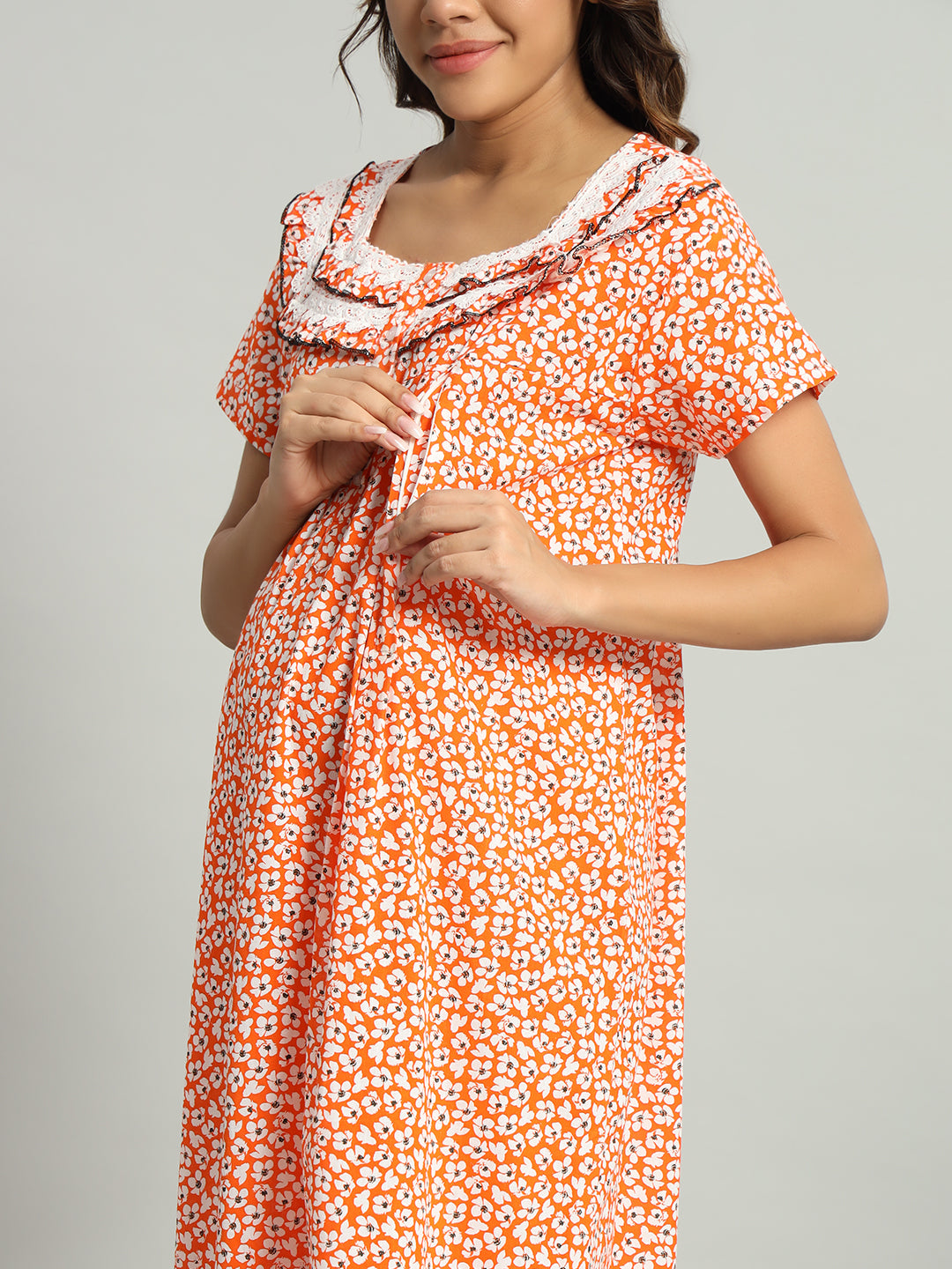 Orange Floral Cotton Maternity Maxi Night Gown for Women – Printed Short Sleeve Comfortable Nightwear