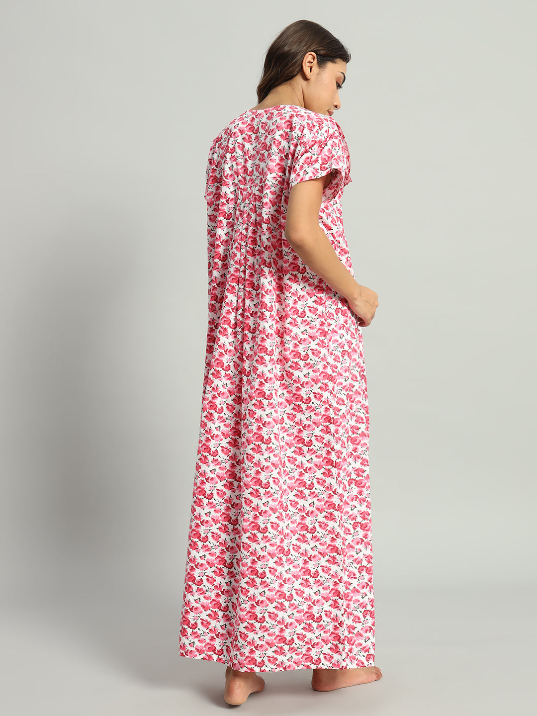 Women’s Cotton Maternity Night Gown Pink Floral Maxi –Soft Breathable Nighty