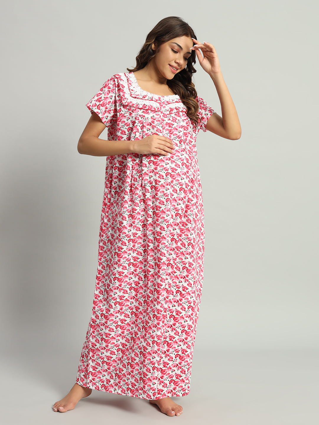 Women’s Cotton Maternity Night Gown Pink Floral Maxi –Soft Breathable Nighty