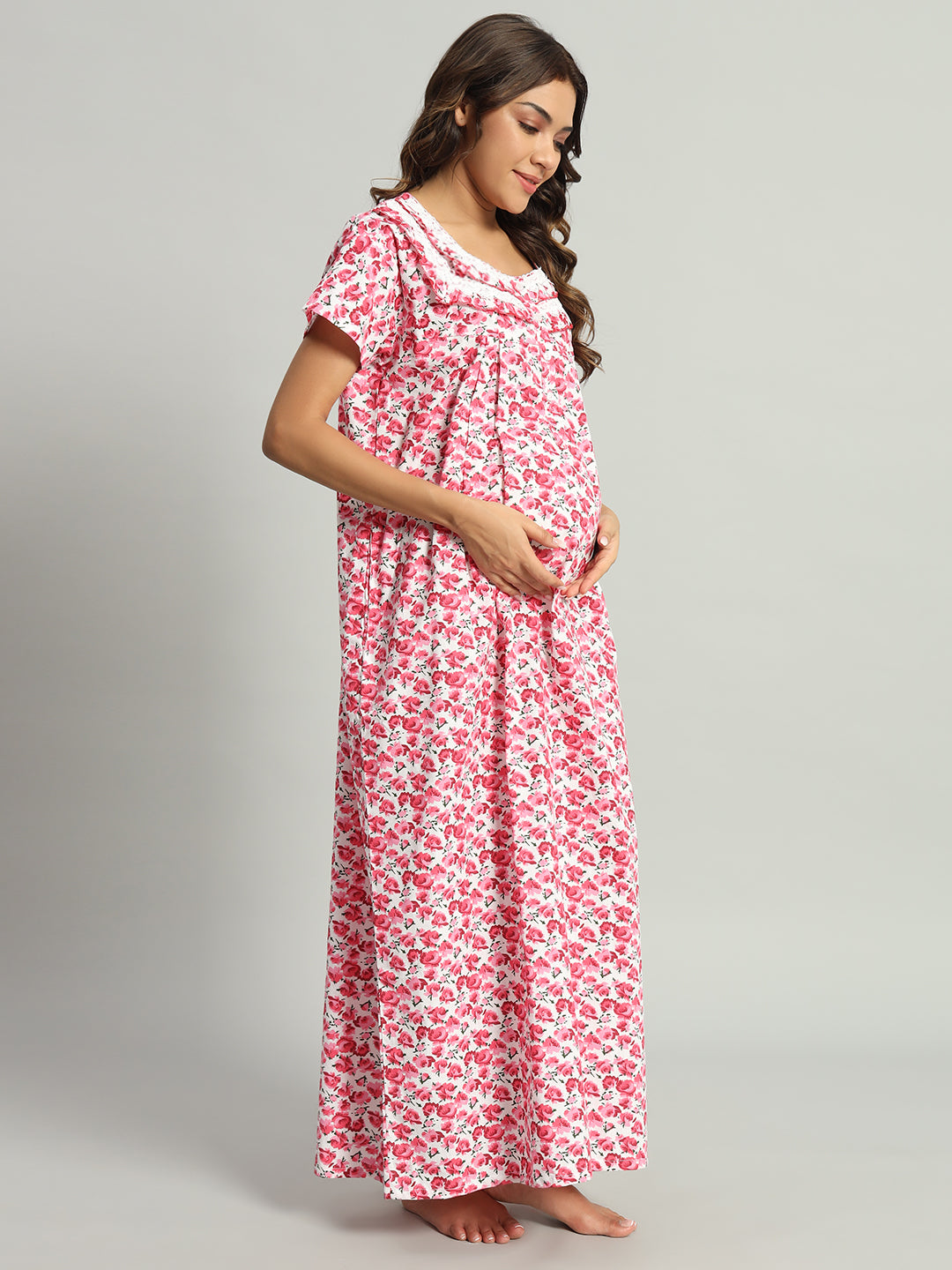 Women’s Cotton Maternity Night Gown Pink Floral Maxi –Soft Breathable Nighty