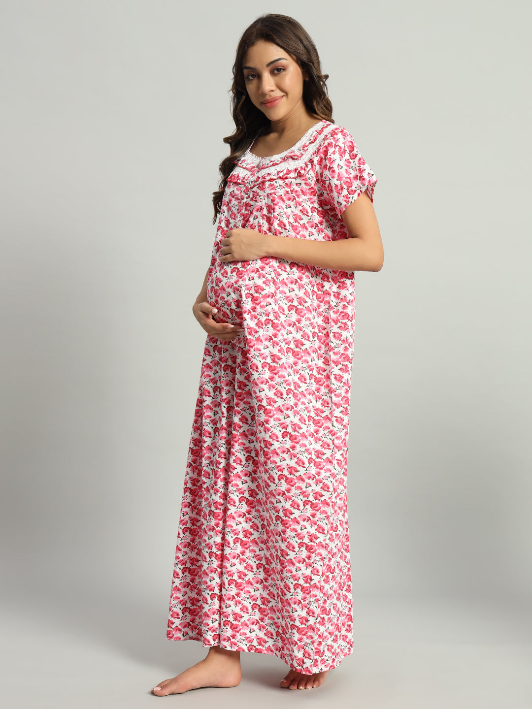 Women’s Cotton Maternity Night Gown Pink Floral Maxi –Soft Breathable Nighty