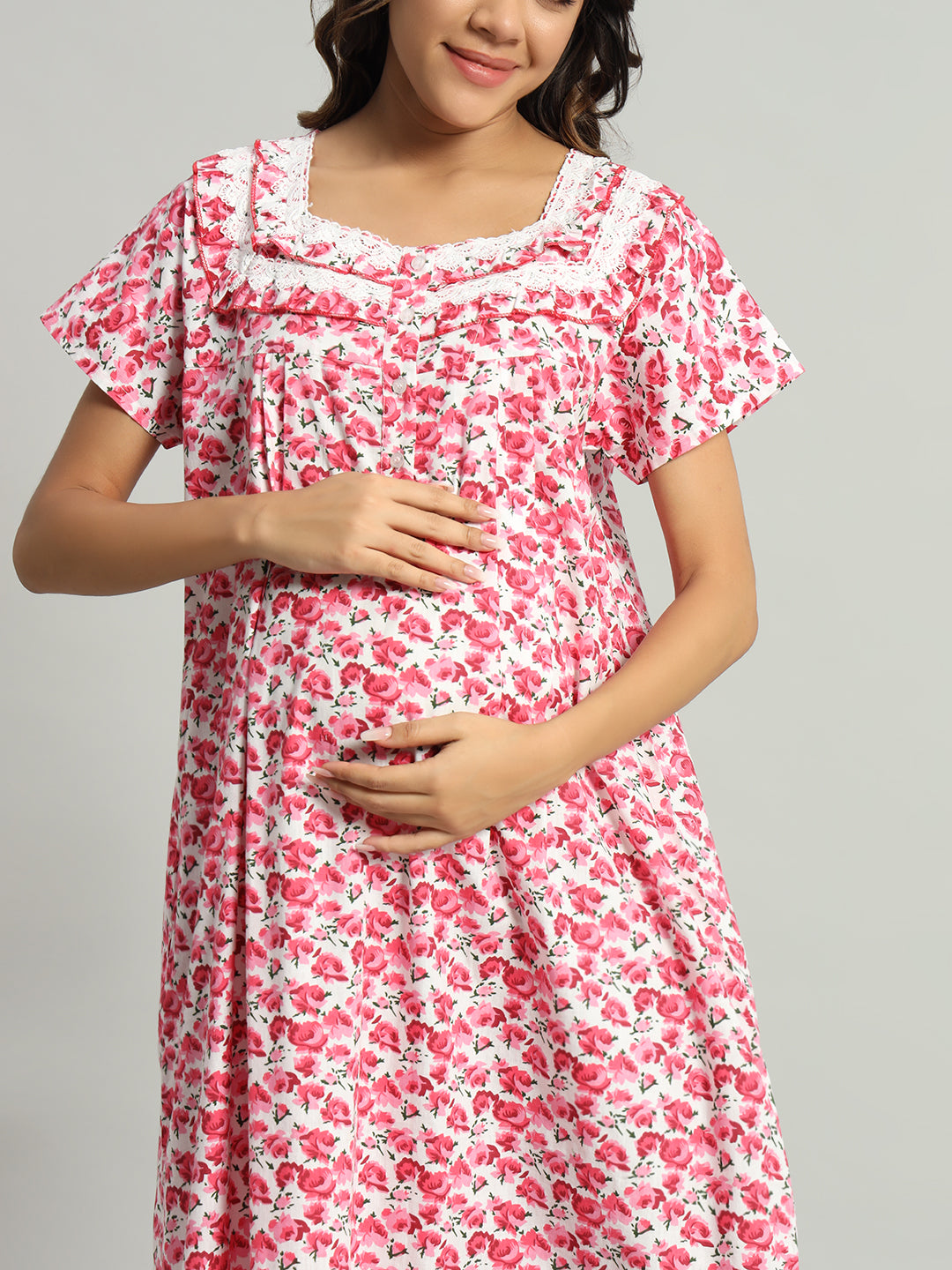 Women’s Cotton Maternity Night Gown Pink Floral Maxi –Soft Breathable Nighty