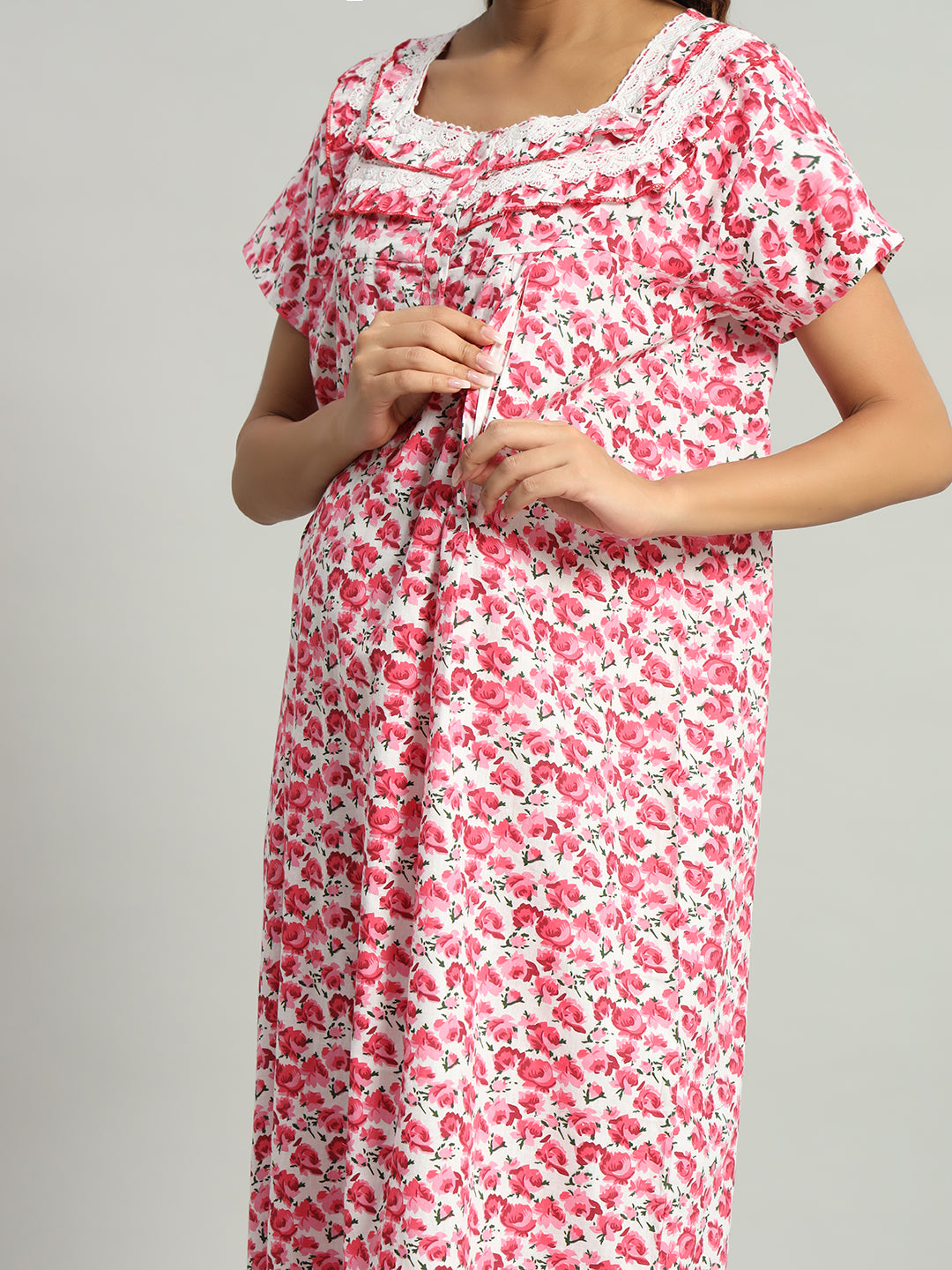 Women’s Cotton Maternity Night Gown Pink Floral Maxi –Soft Breathable Nighty