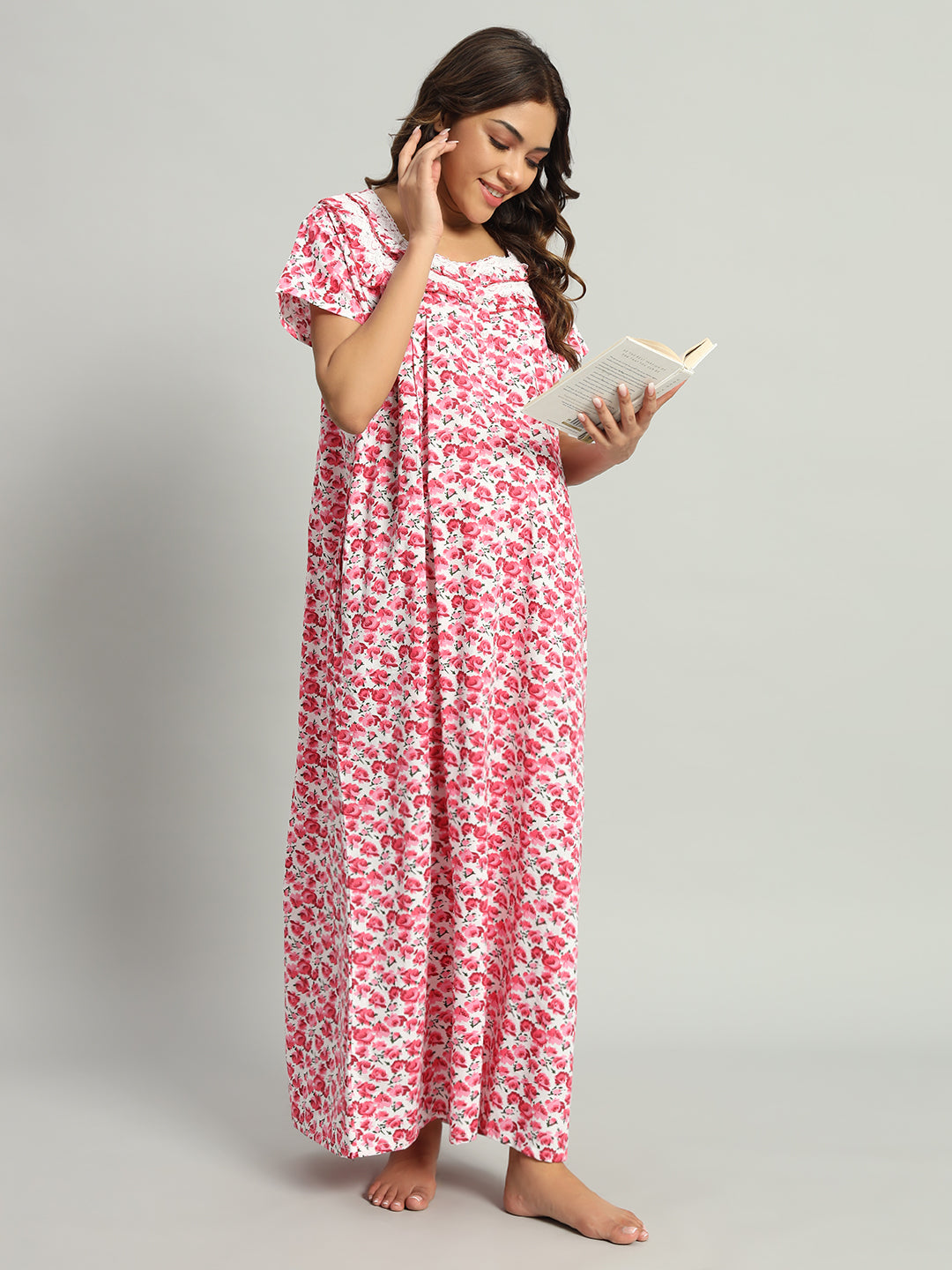 Women’s Cotton Maternity Night Gown Pink Floral Maxi –Soft Breathable Nighty
