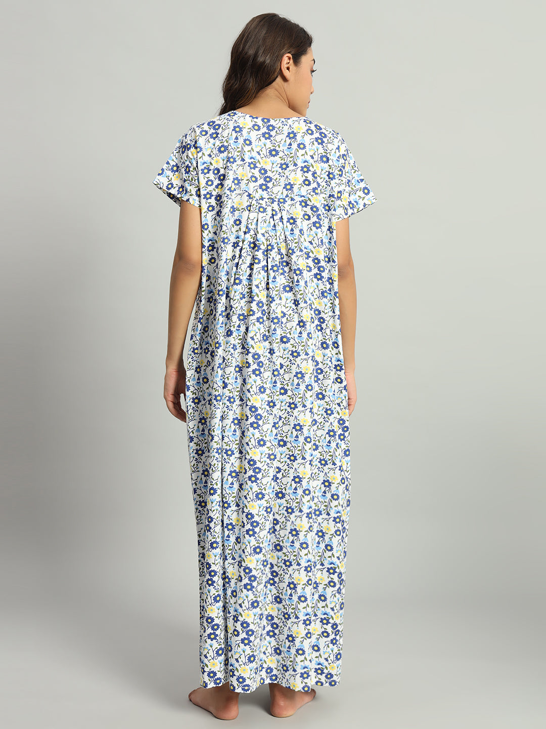 Blue Floral Printed Cotton Maxi Night Gown with Lace Yoke – Soft & Comfortable  Nightwear