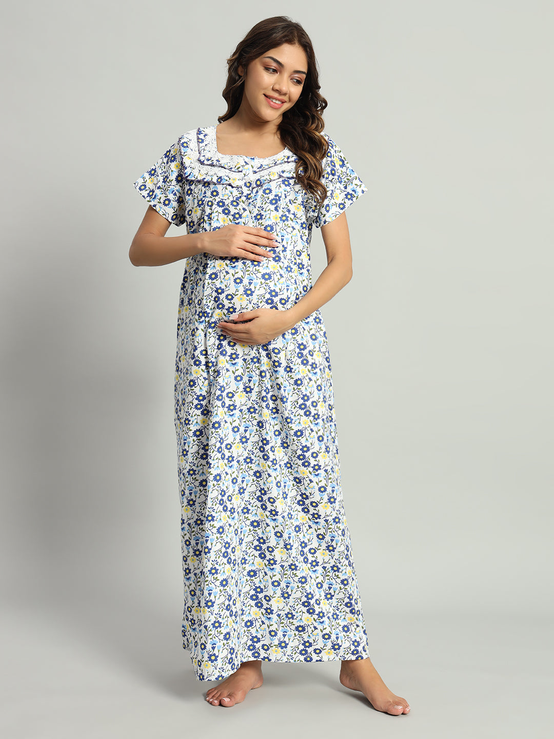 Blue Floral Printed Cotton Maxi Night Gown with Lace Yoke – Soft & Comfortable  Nightwear