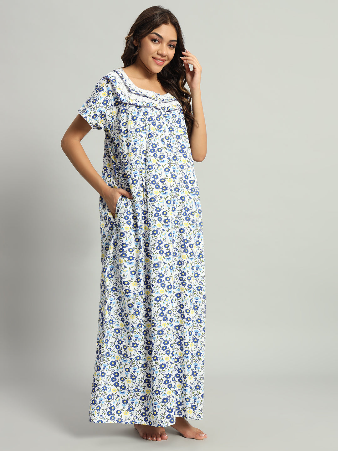 Blue Floral Printed Cotton Maxi Night Gown with Lace Yoke – Soft & Comfortable  Nightwear
