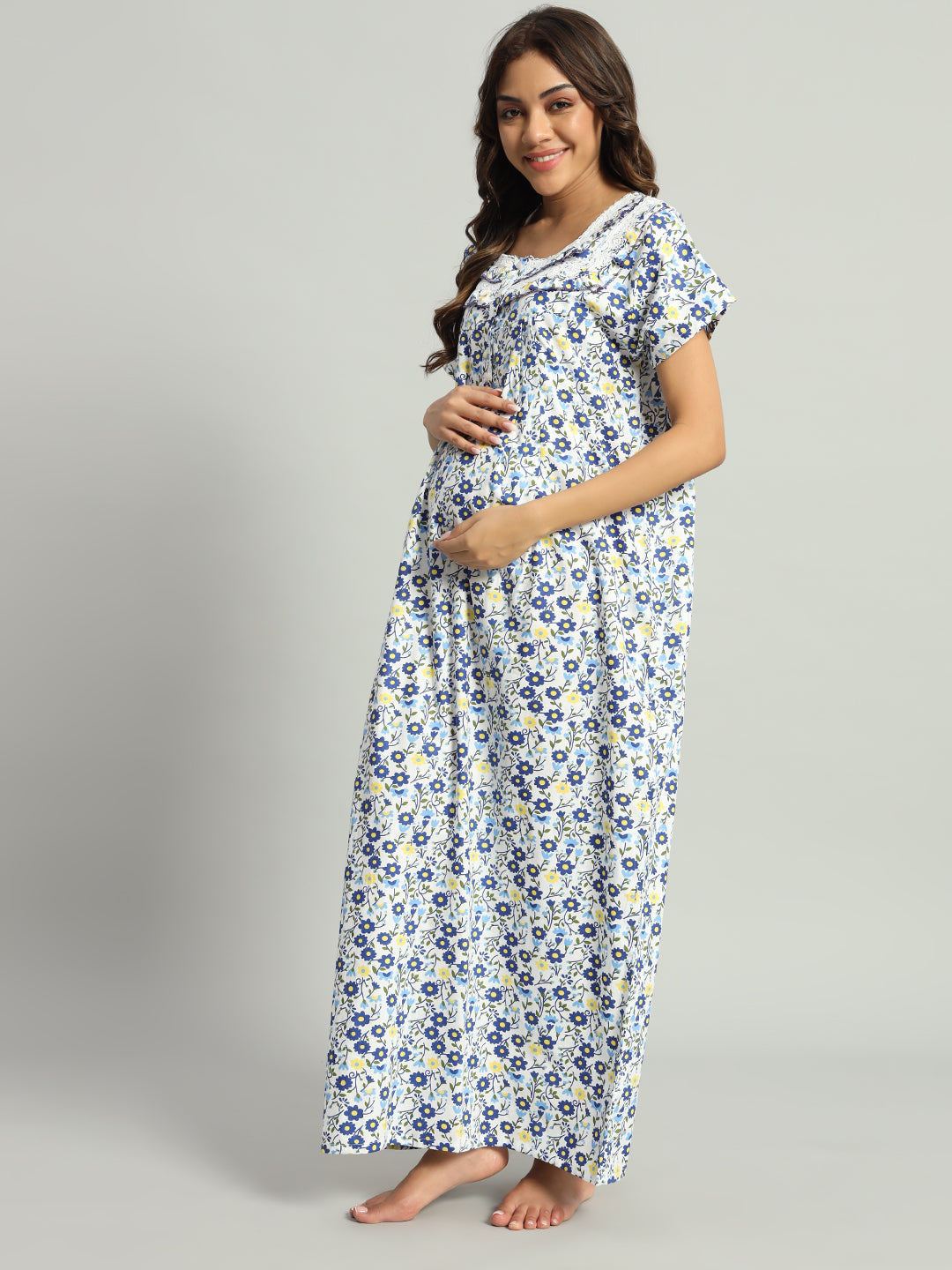 Blue Floral Printed Cotton Maxi Night Gown with Lace Yoke – Soft & Comfortable  Nightwear