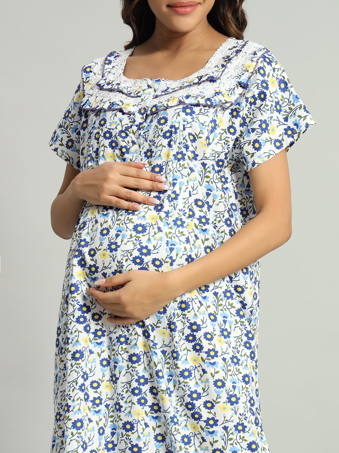 Blue Floral Printed Cotton Maxi Night Gown with Lace Yoke – Soft & Comfortable  Nightwear