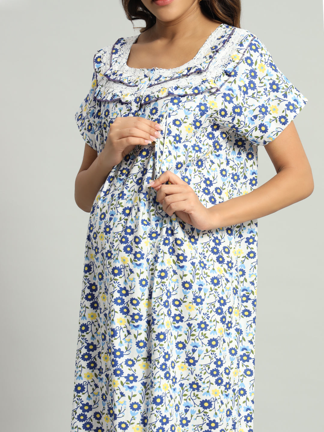 Blue Floral Printed Cotton Maxi Night Gown with Lace Yoke – Soft & Comfortable  Nightwear