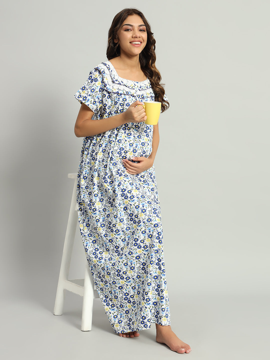 Blue Floral Printed Cotton Maxi Night Gown with Lace Yoke – Soft & Comfortable  Nightwear