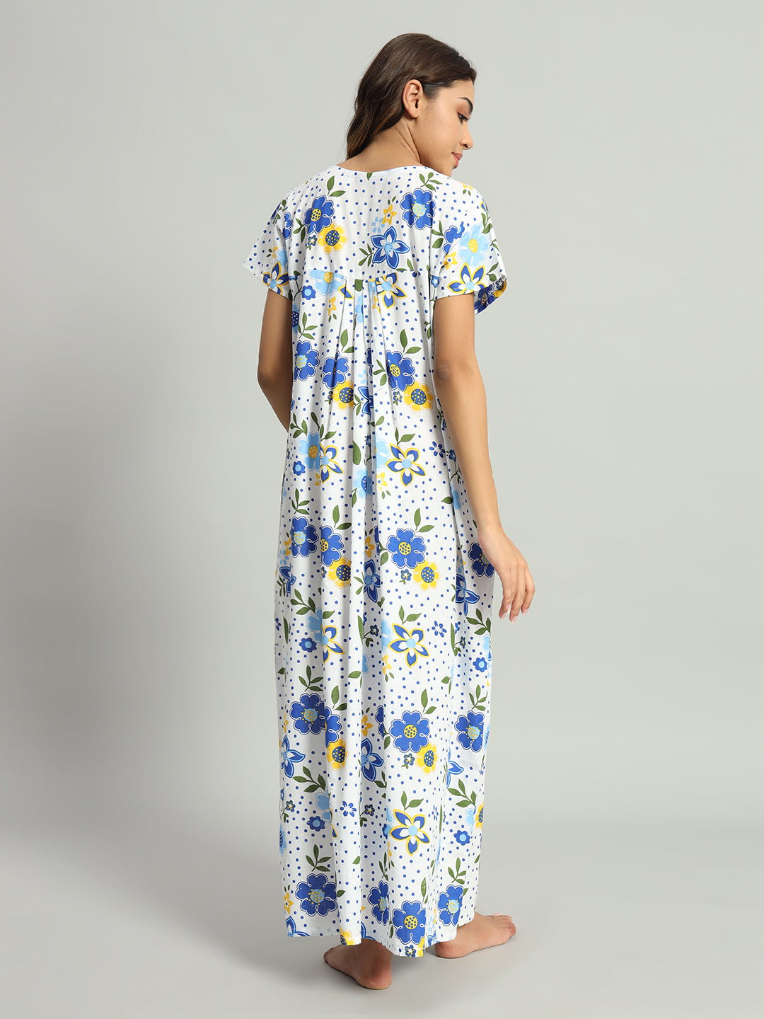 Blue Floral Cotton Maternity Maxi Night Gown for Women – Printed Short Sleeve Comfortable Nightwear