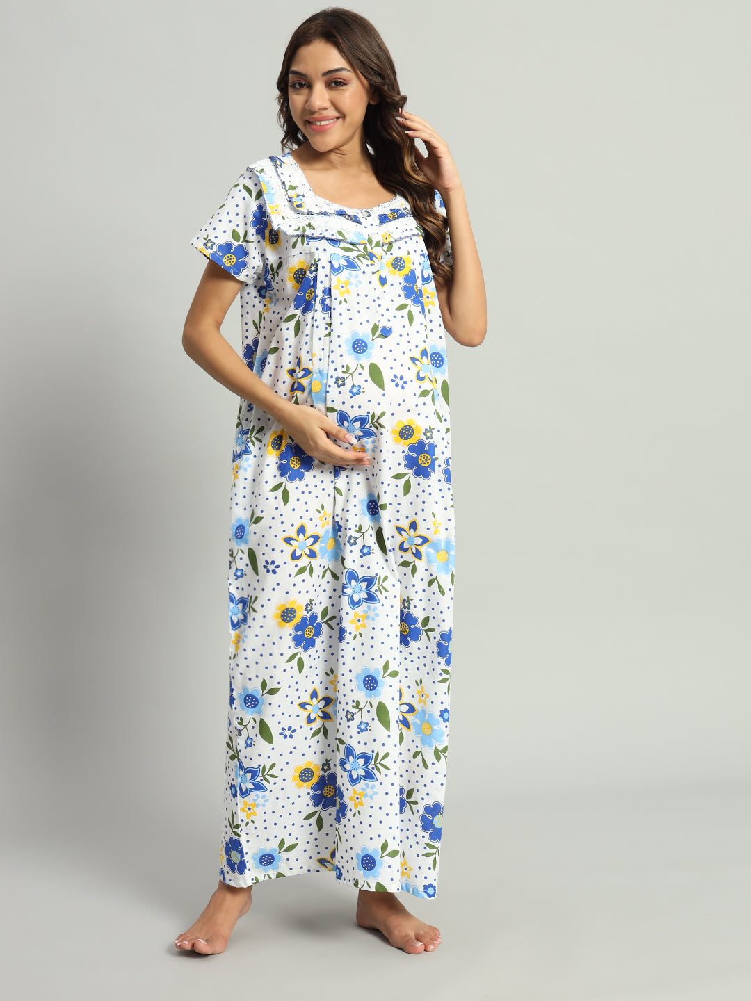 Blue Floral Cotton Maternity Maxi Night Gown for Women – Printed Short Sleeve Comfortable Nightwear