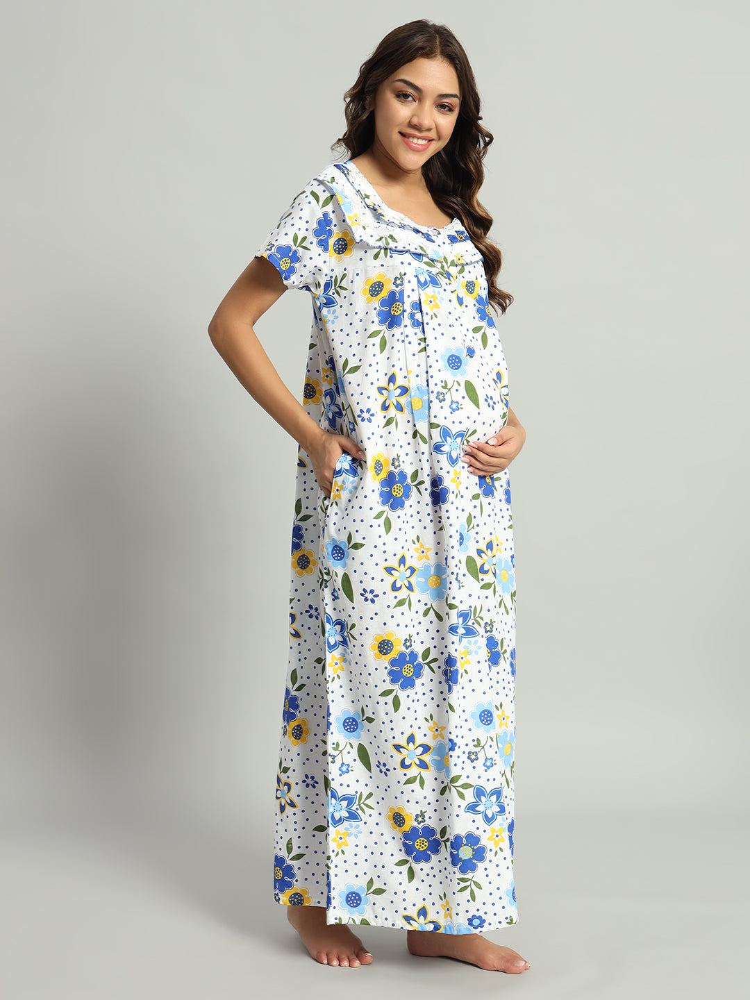 Blue Floral Cotton Maternity Maxi Night Gown for Women – Printed Short Sleeve Comfortable Nightwear