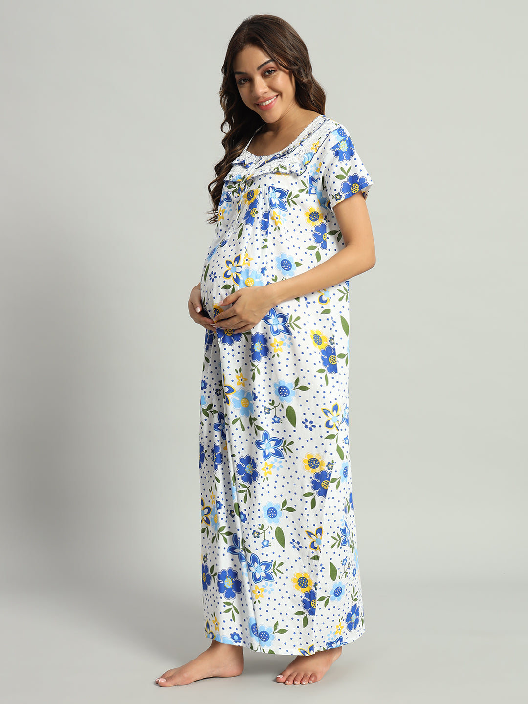 Blue Floral Cotton Maternity Maxi Night Gown for Women – Printed Short Sleeve Comfortable Nightwear