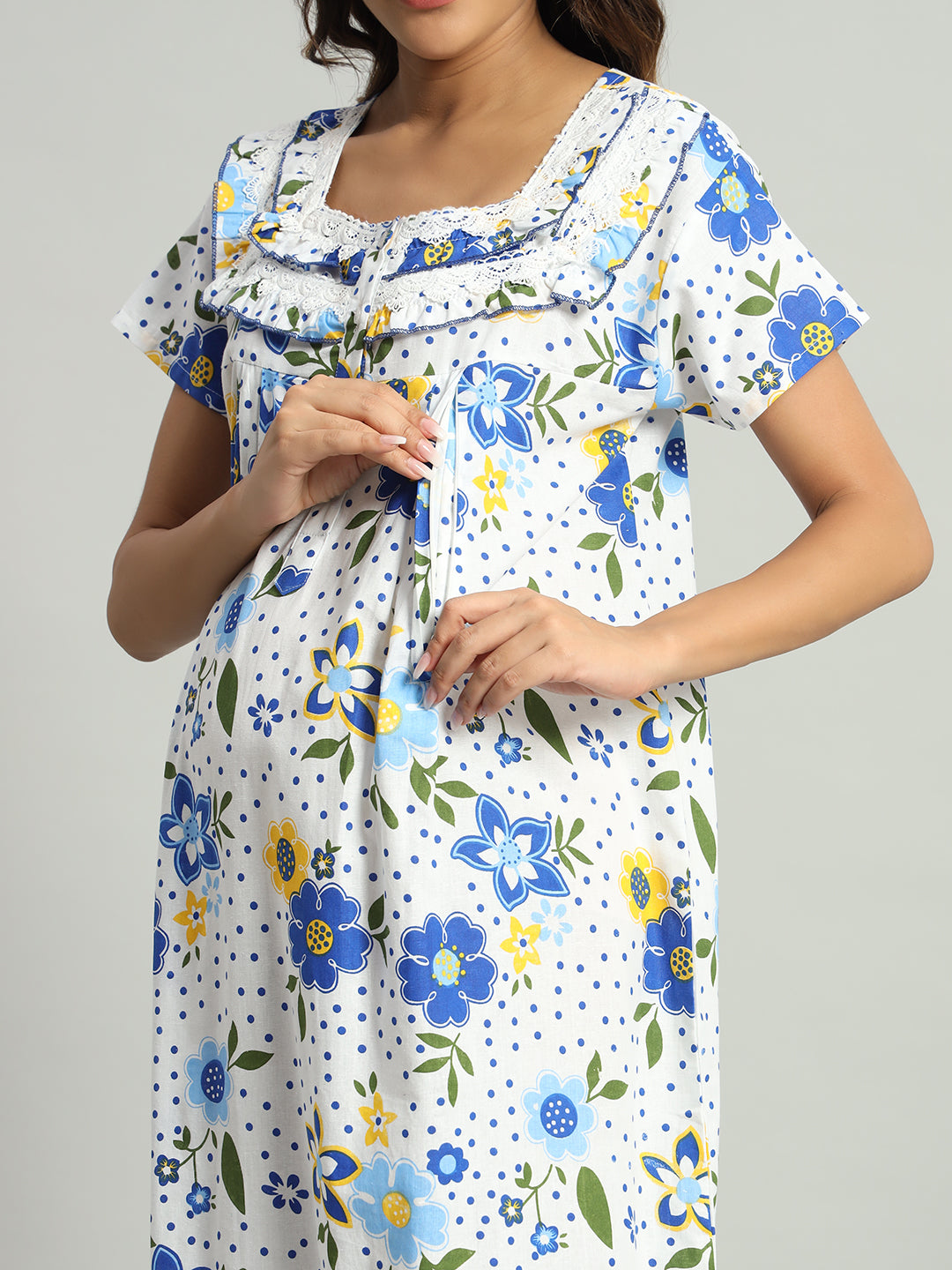 Blue Floral Cotton Maternity Maxi Night Gown for Women – Printed Short Sleeve Comfortable Nightwear