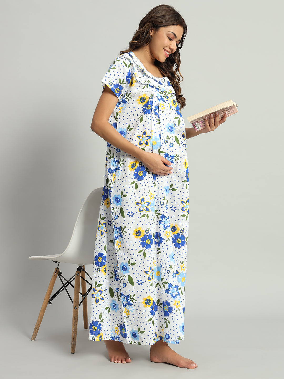 Blue Floral Cotton Maternity Maxi Night Gown for Women – Printed Short Sleeve Comfortable Nightwear
