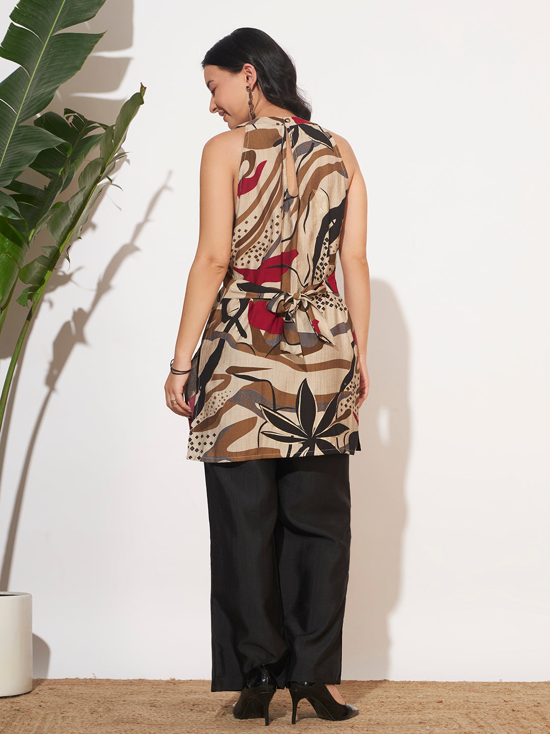 Women’s Beige & Black Abstract Printed Sleeveless Co-Ord Set