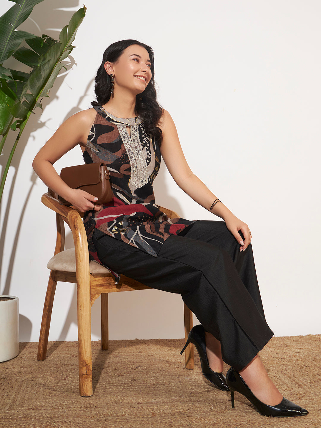 Women’s Black Abstract Printed Sleeveless Co-Ord Set