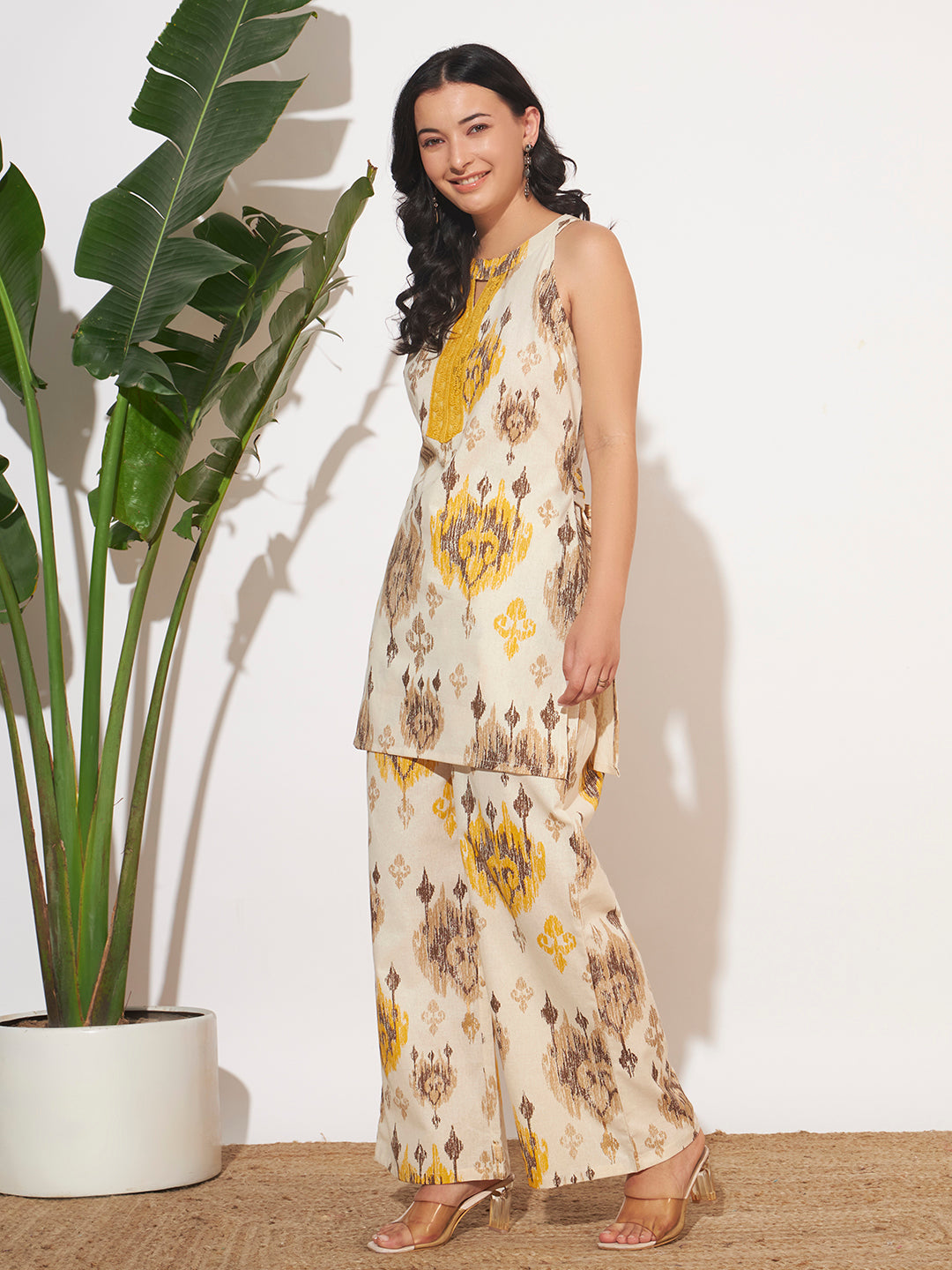 Women’s Yellow Ikat Printed Sleeveless Co-Ord Set