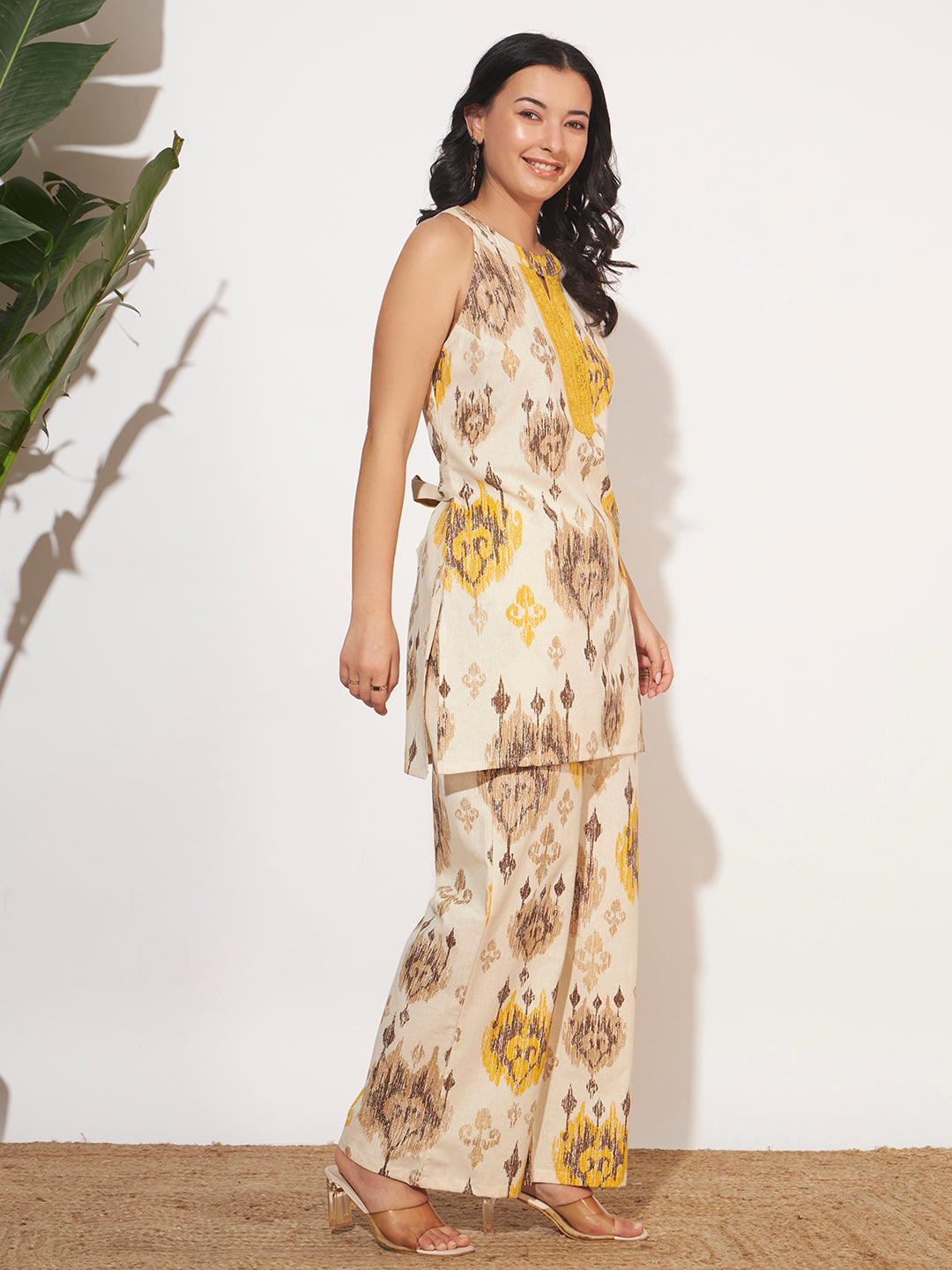 Women’s Yellow Ikat Printed Sleeveless Co-Ord Set