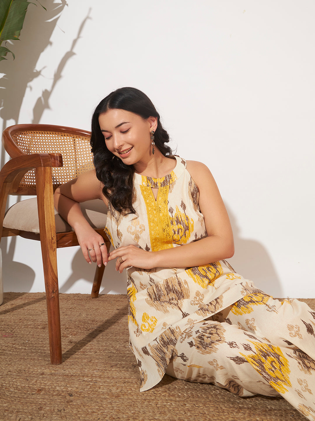 Women’s Yellow Ikat Printed Sleeveless Co-Ord Set