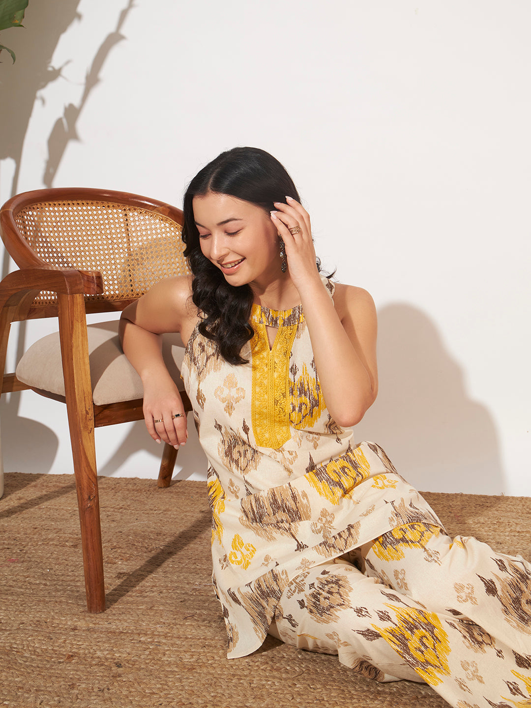 Women’s Yellow Ikat Printed Sleeveless Co-Ord Set