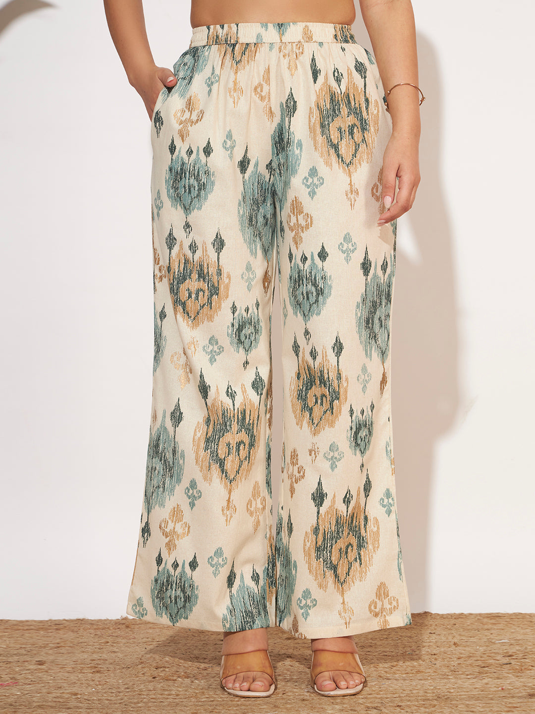 Women’s Teal Ikat Printed Sleeveless Co-Ord Set