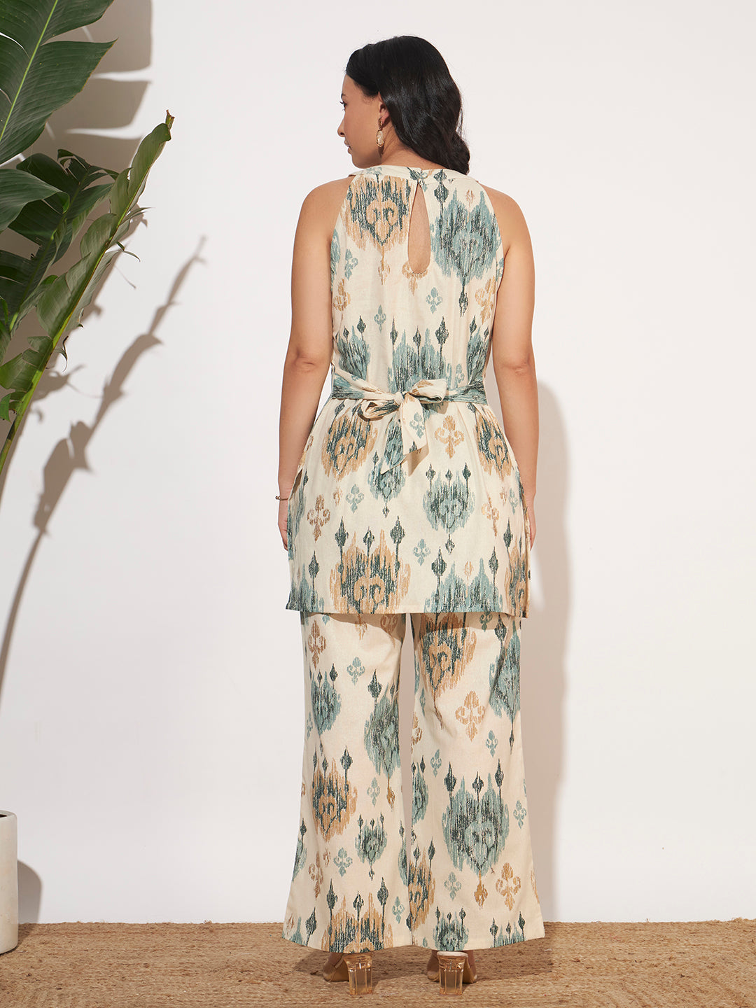 Women’s Teal Ikat Printed Sleeveless Co-Ord Set