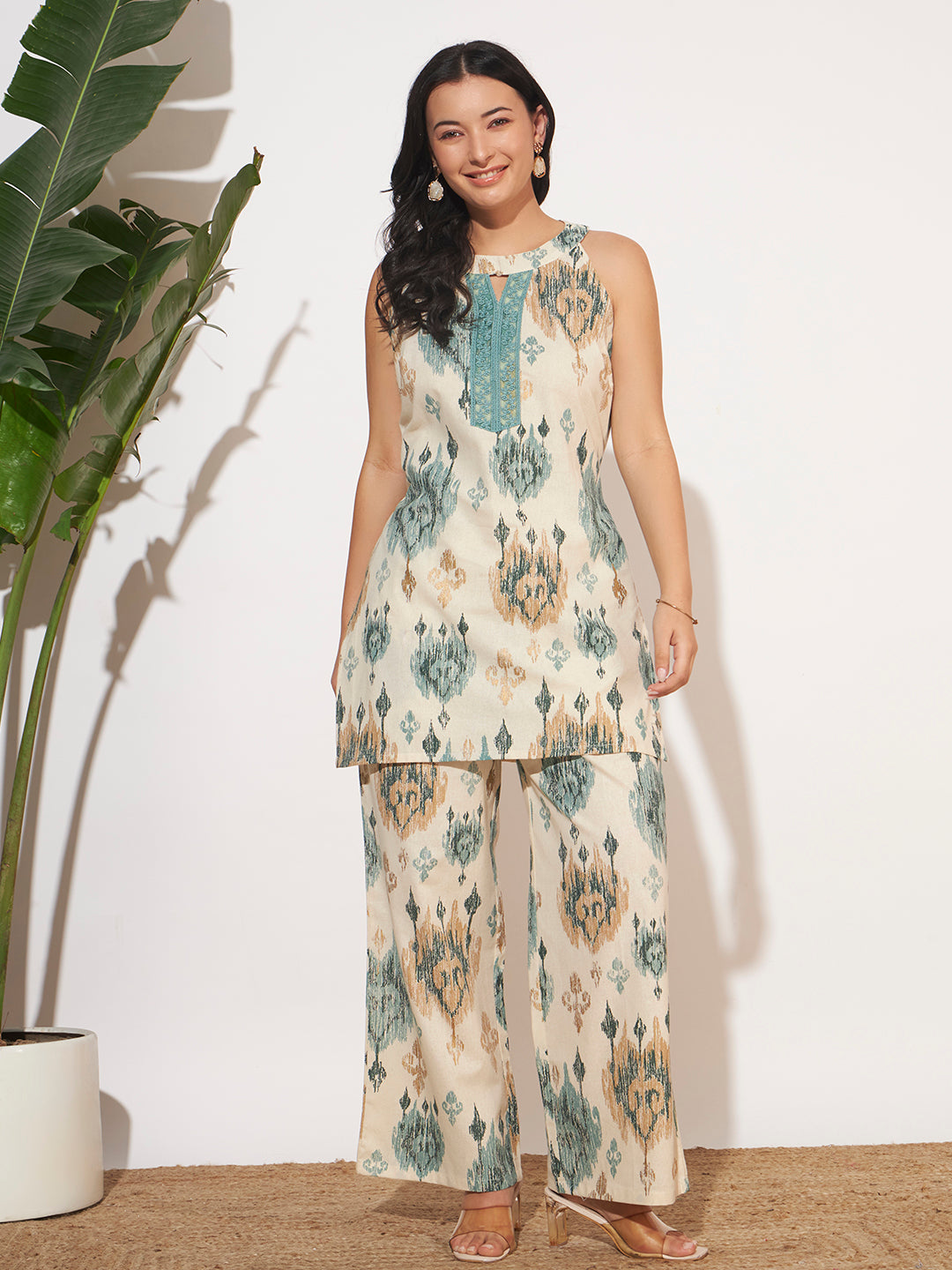 Women’s Teal Ikat Printed Sleeveless Co-Ord Set