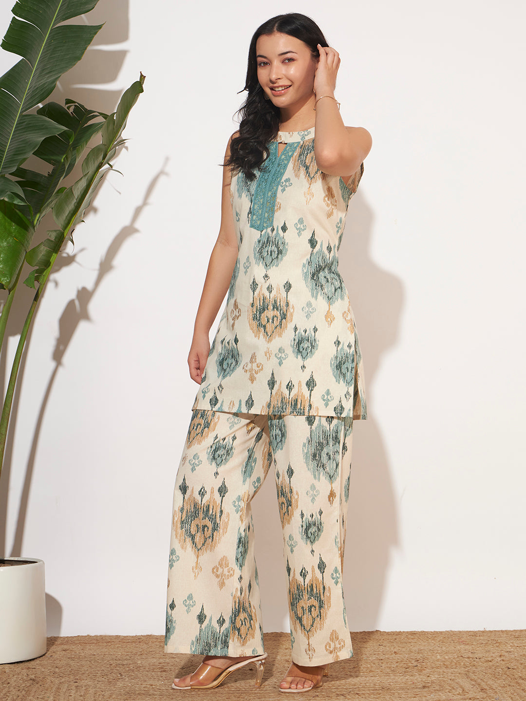 Women’s Teal Ikat Printed Sleeveless Co-Ord Set