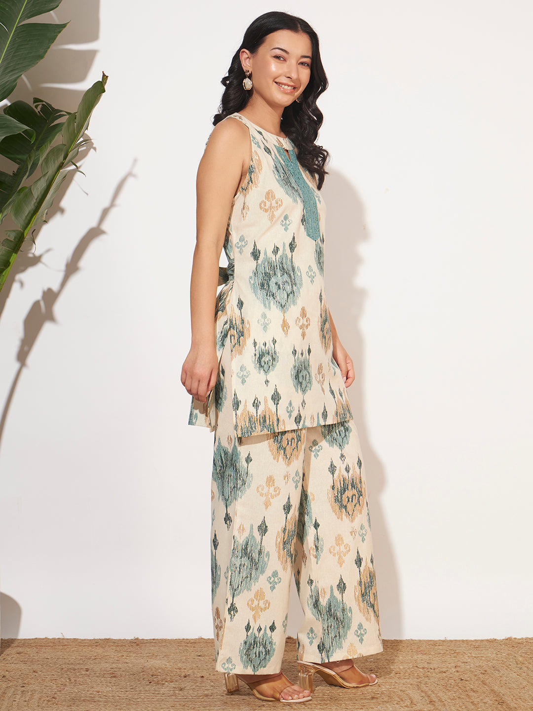 Women’s Teal Ikat Printed Sleeveless Co-Ord Set