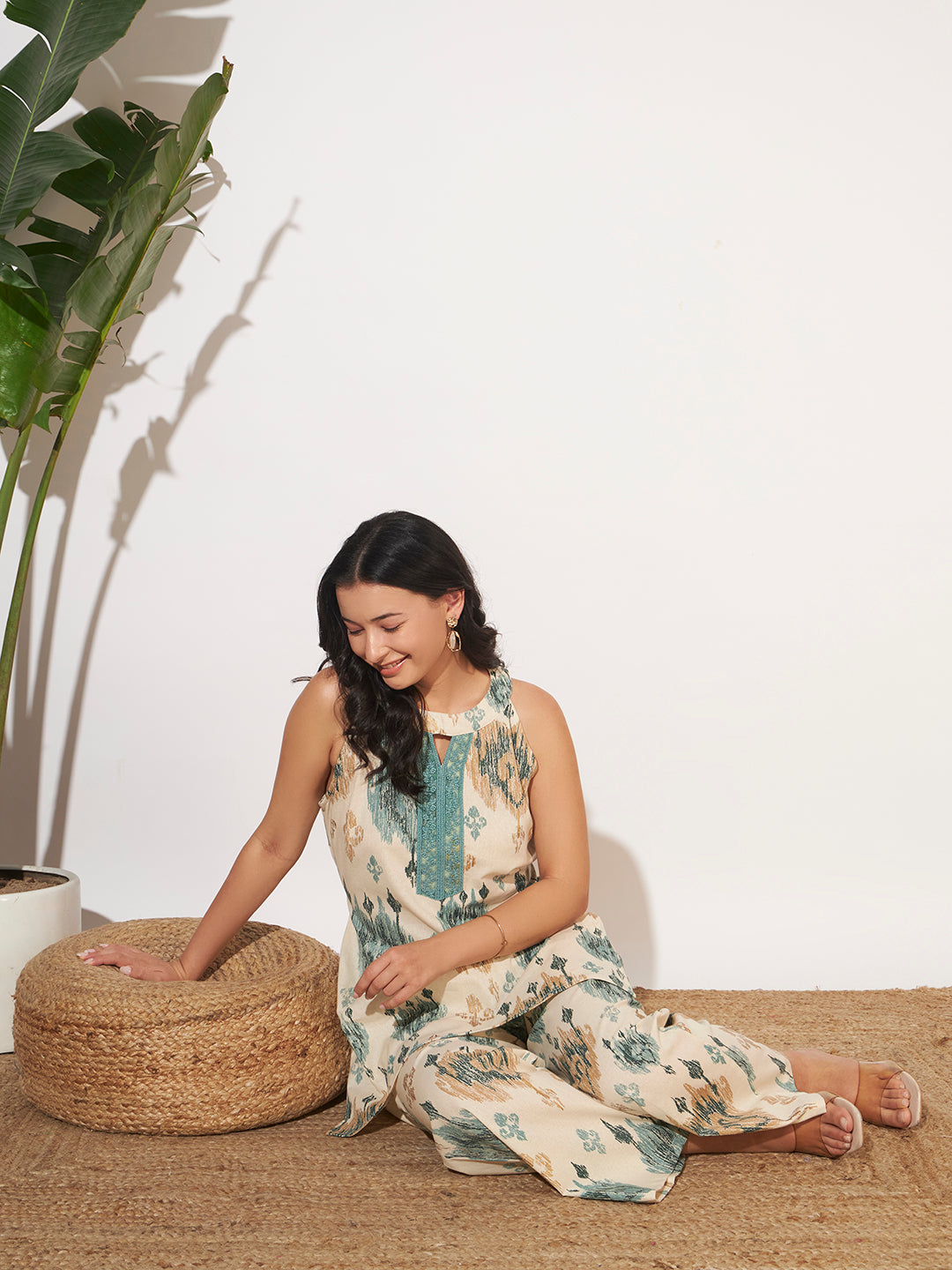 Women’s Teal Ikat Printed Sleeveless Co-Ord Set
