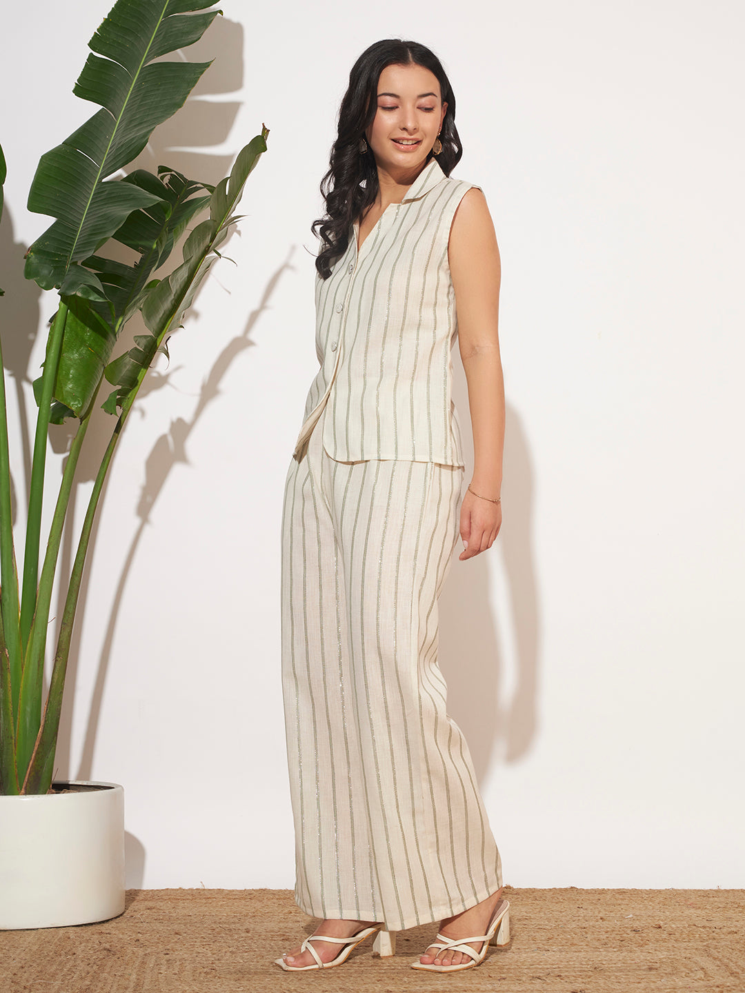 Women’s Sage Green Striped Sleeveless Co-Ord Set