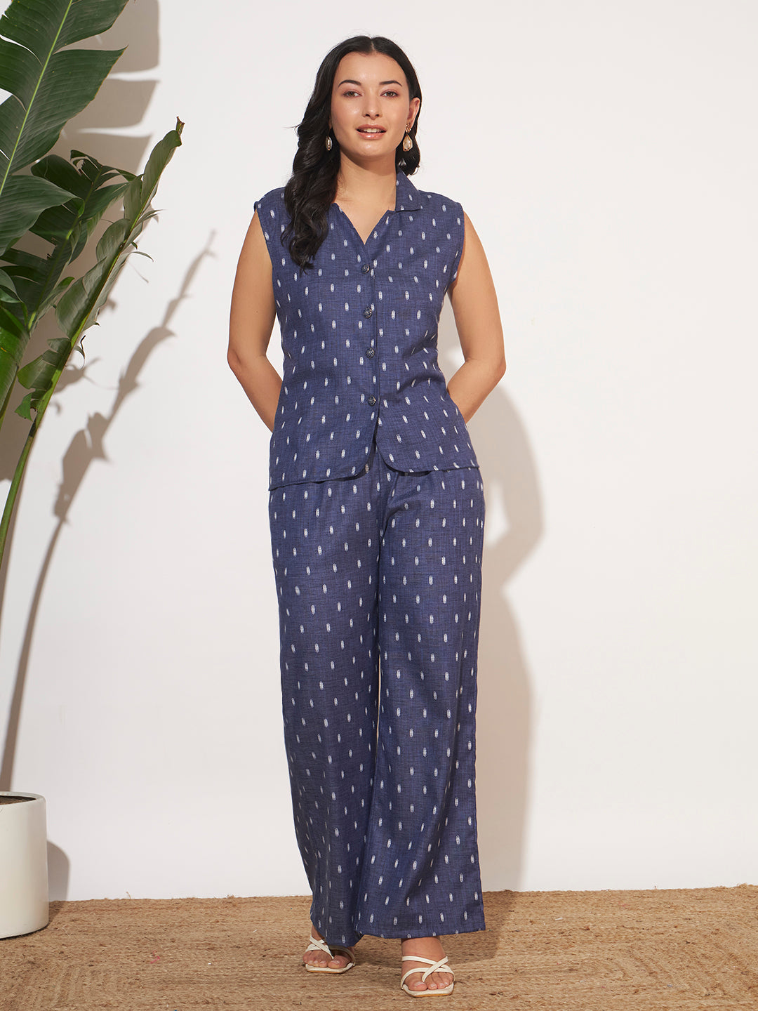 Women’s Navy Blue Printed Sleeveless Co-Ord Set
