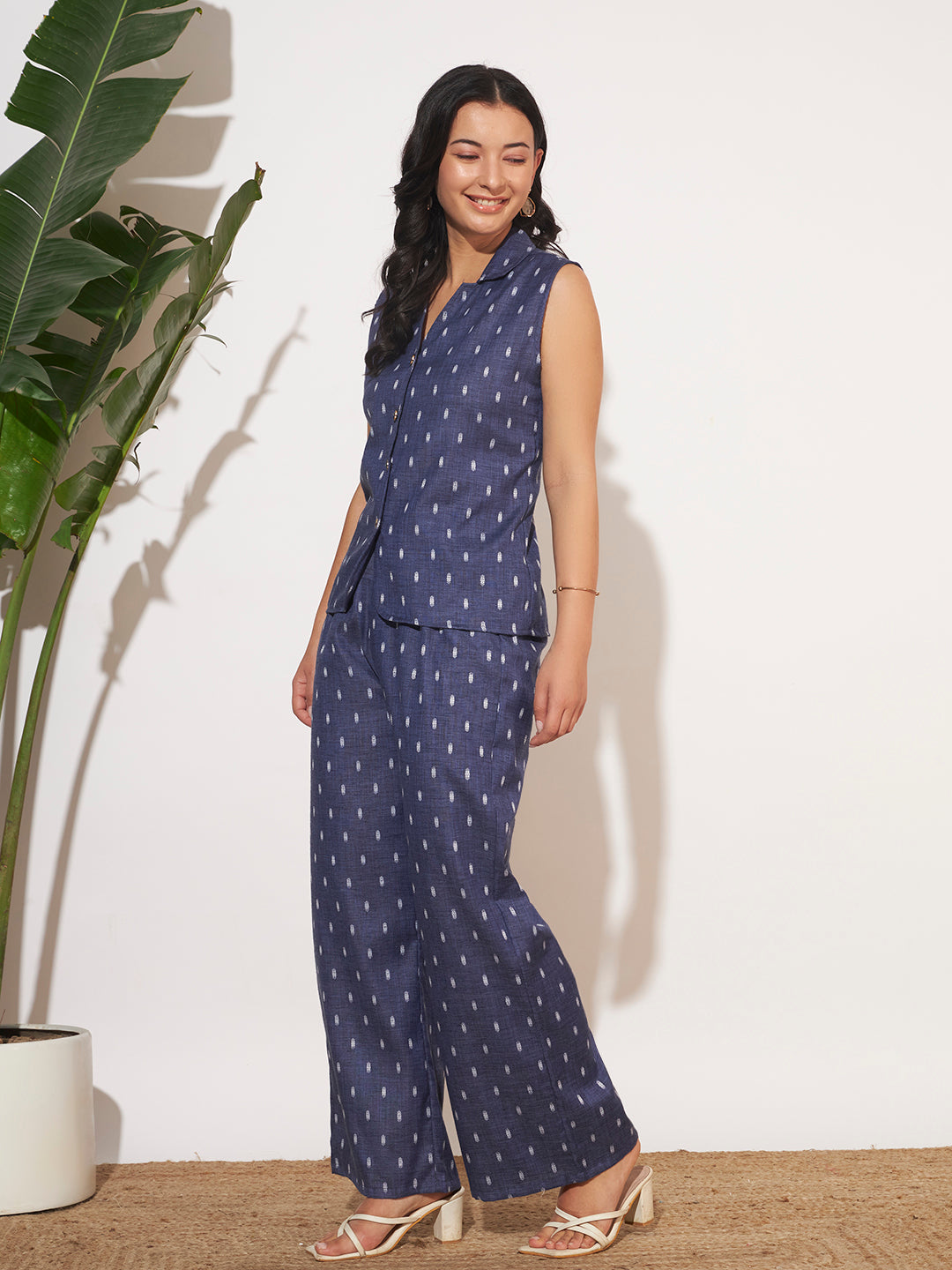 Women’s Navy Blue Printed Sleeveless Co-Ord Set