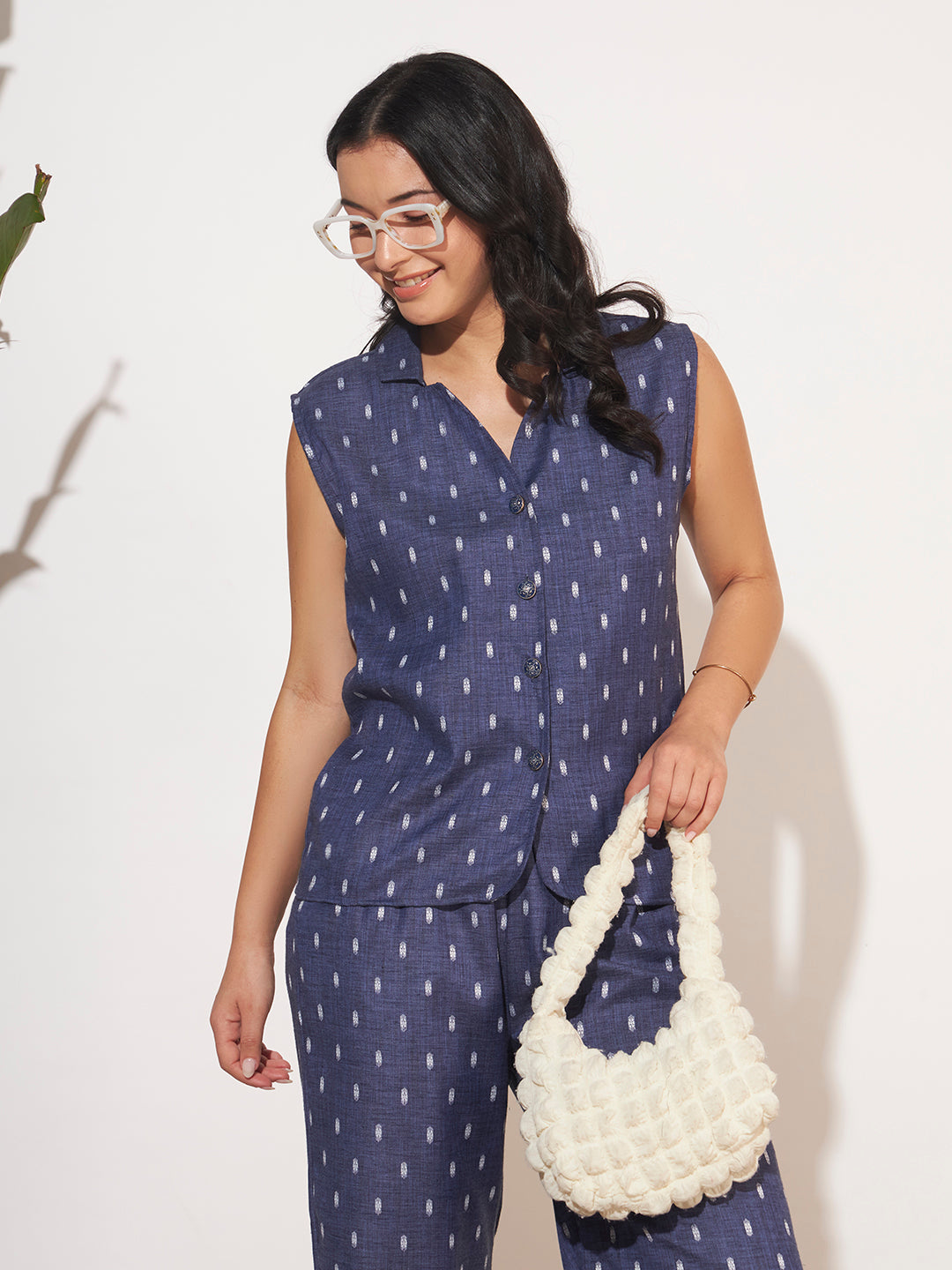 Women’s Navy Blue Printed Sleeveless Co-Ord Set