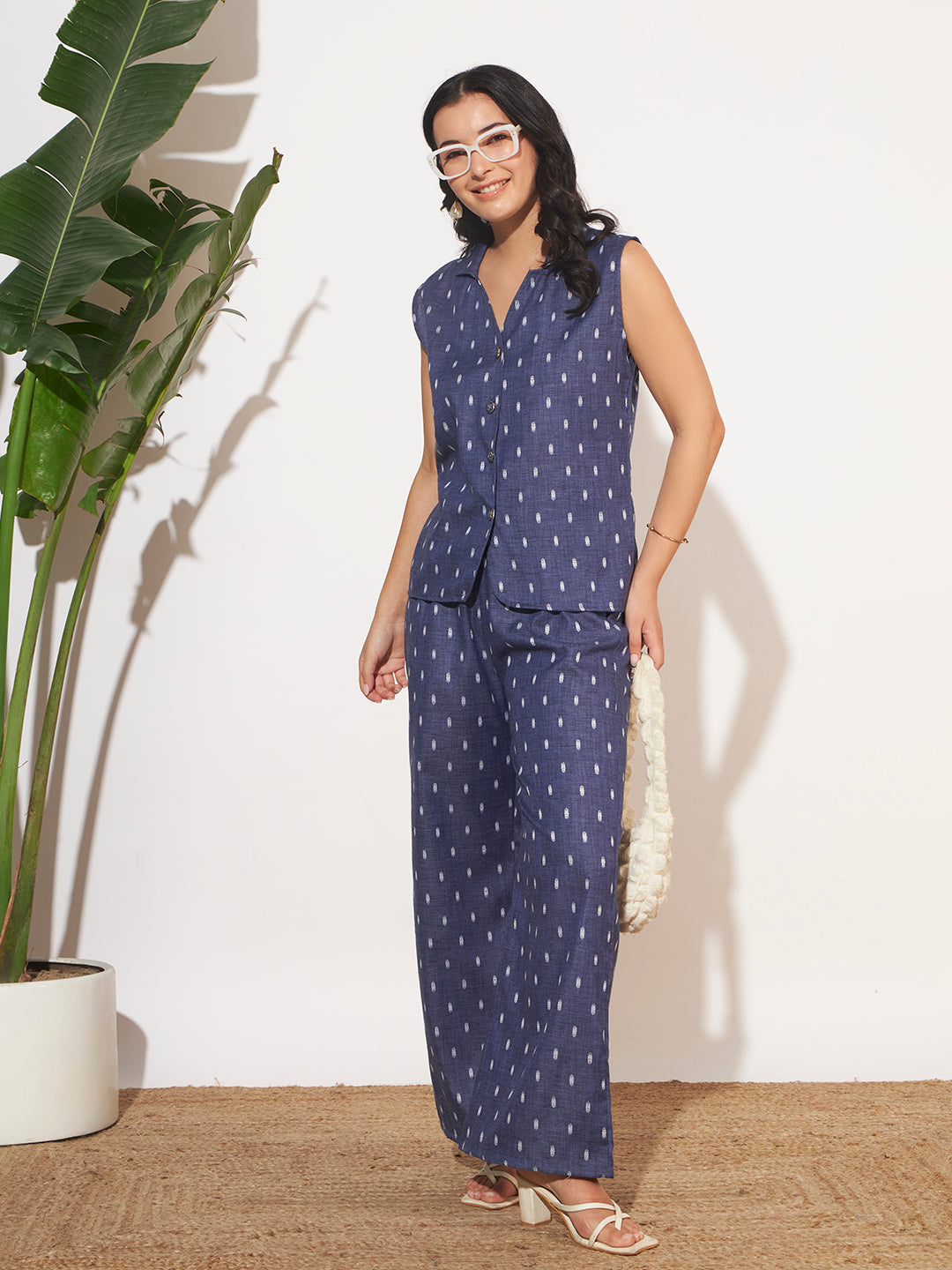 Women’s Navy Blue Printed Sleeveless Co-Ord Set