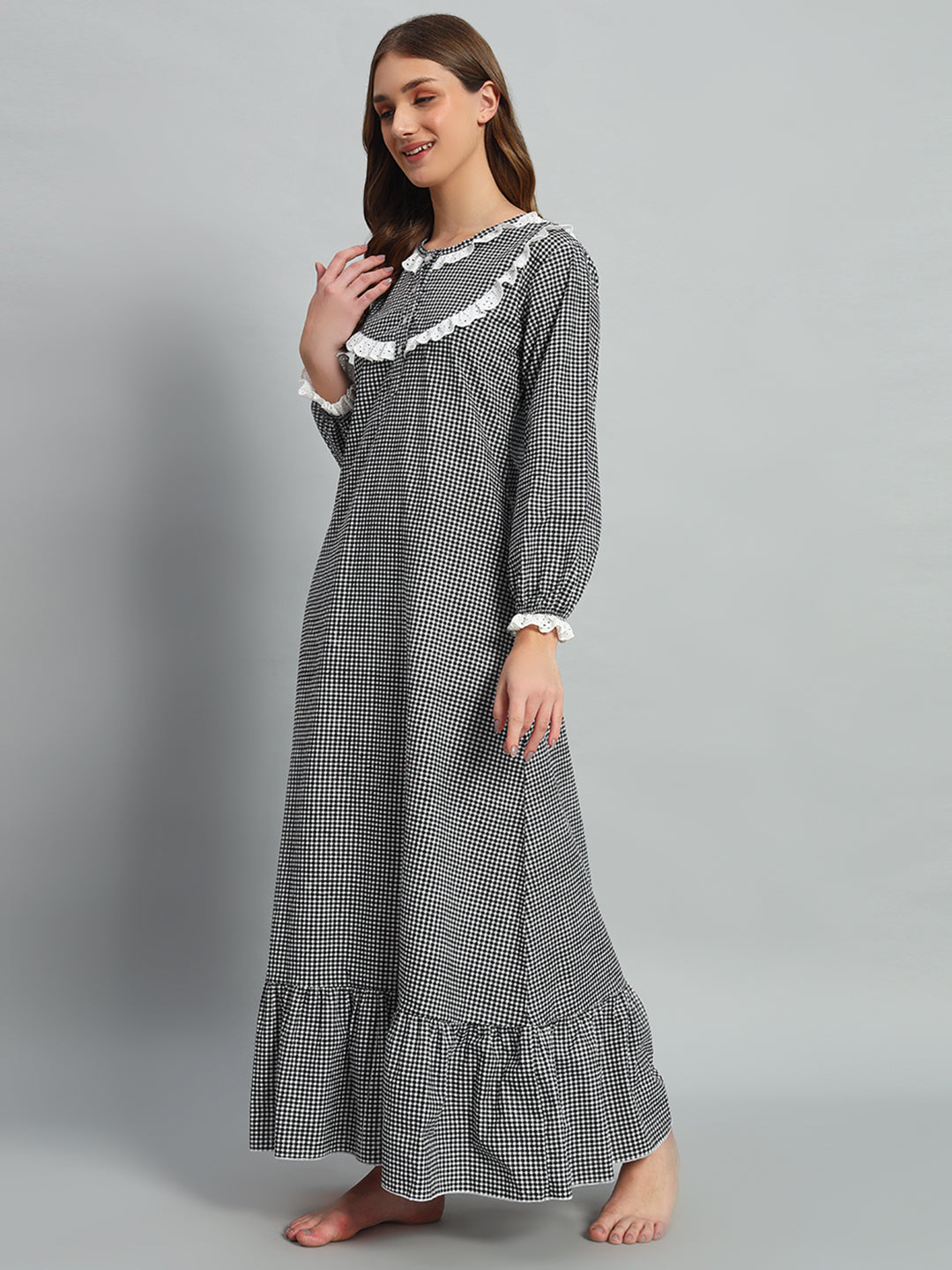 Classic Black Checked Night Gown For Women