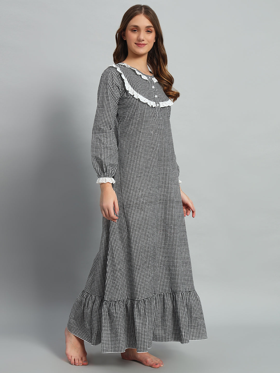 Classic Black Checked Night Gown For Women